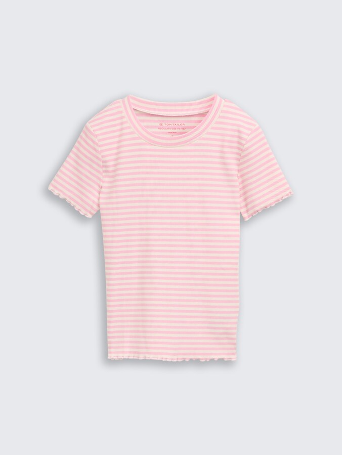 Cropped rib T-shirt door Mini Girls, pink white stripe