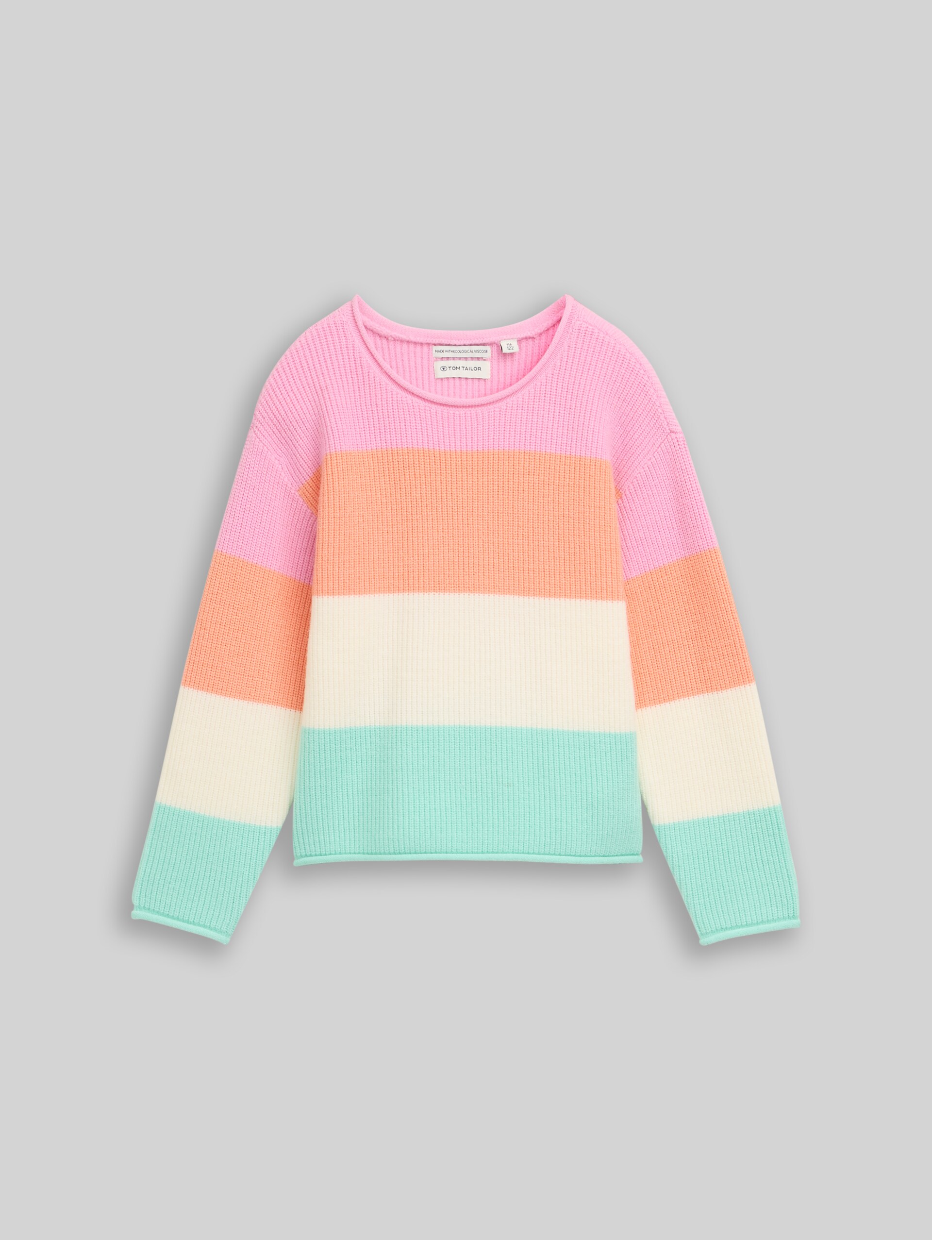 Cropped knit jumper with round neck - very big multicolor stripe