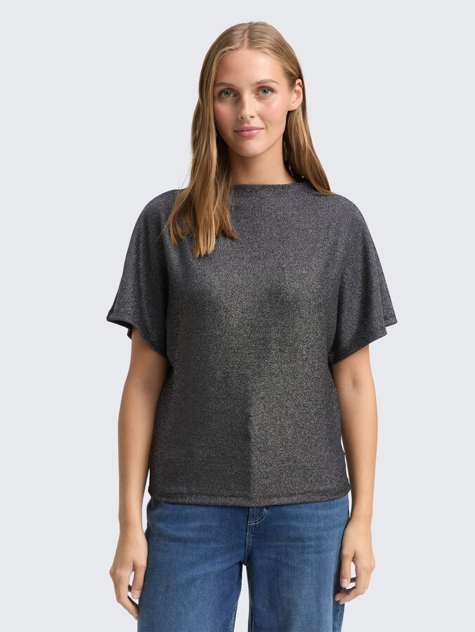 Glitter T-shirt met vleermuismouwen door Denim Female, black glitter