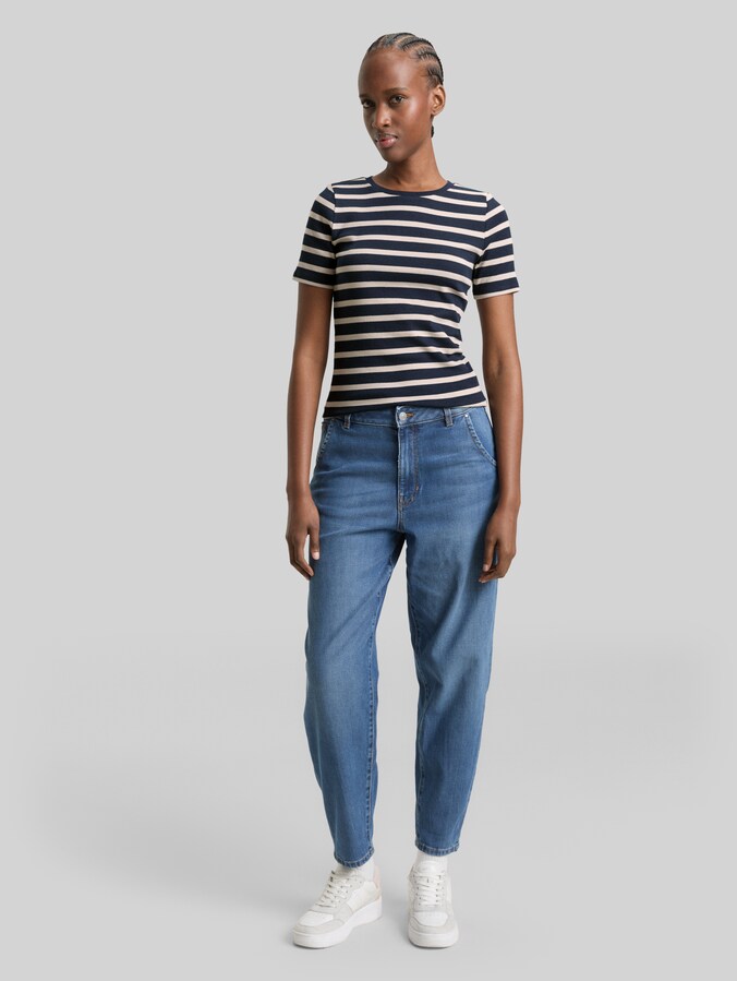 Slim Fit T-Shirt mit Streifenmuster von Denim Female, navy cloud grey stripe
