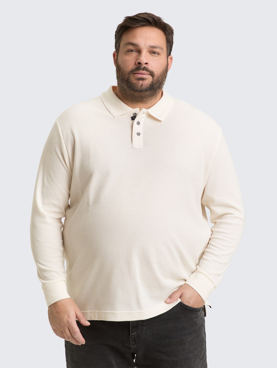 Plus Size - Langarm Poloshirt mit Waffelstruktur - Gardenia White