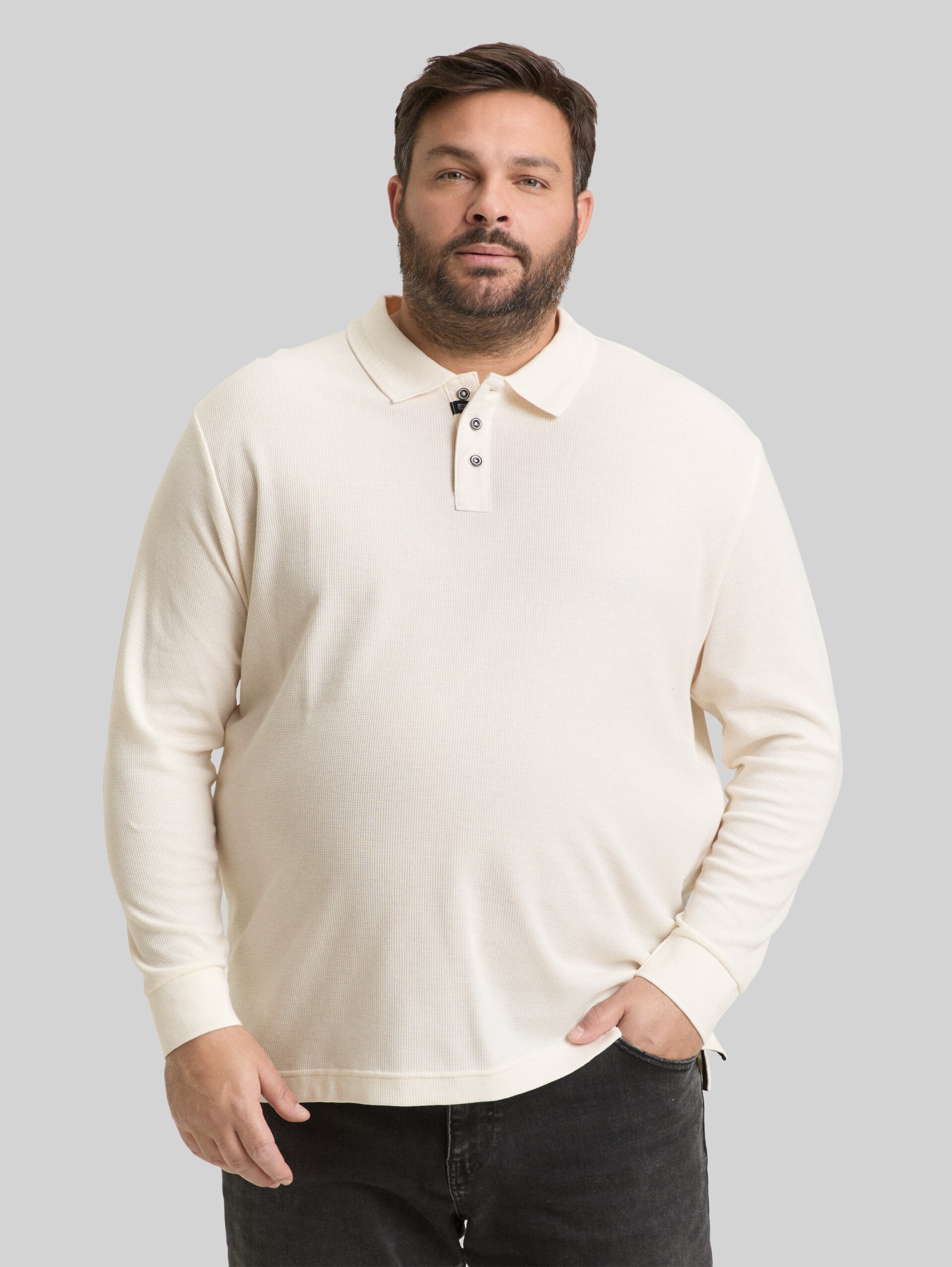 Plus Size - Langarm Poloshirt mit Waffelstruktur - Gardenia White