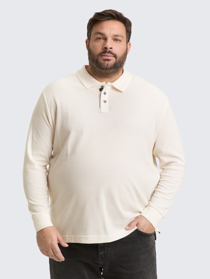 Plus Size - Polo met lange mouwen en wafelstructuur door Men Plus Size, Gardenia White