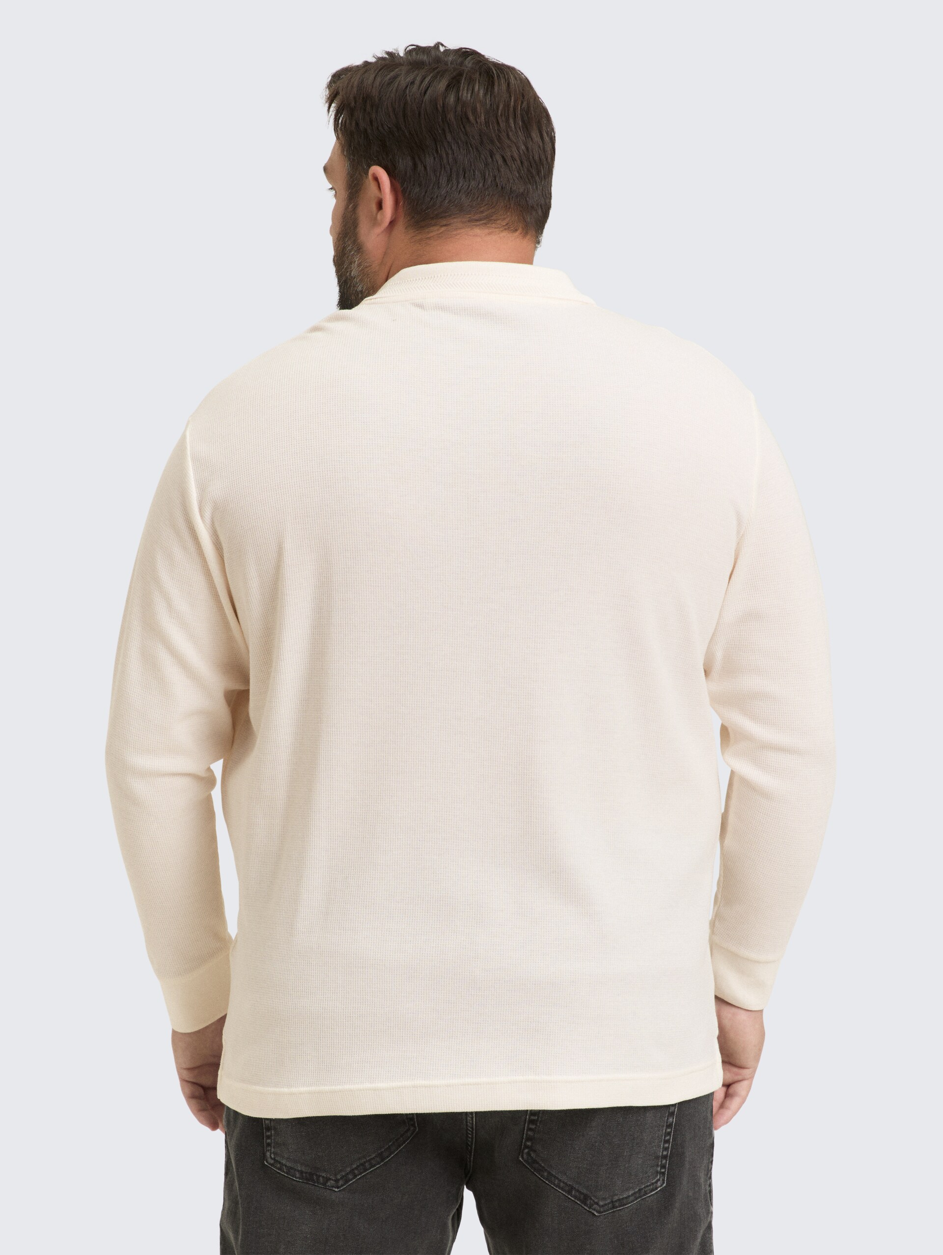 Plus Size - Langarm Poloshirt mit Waffelstruktur - Gardenia White