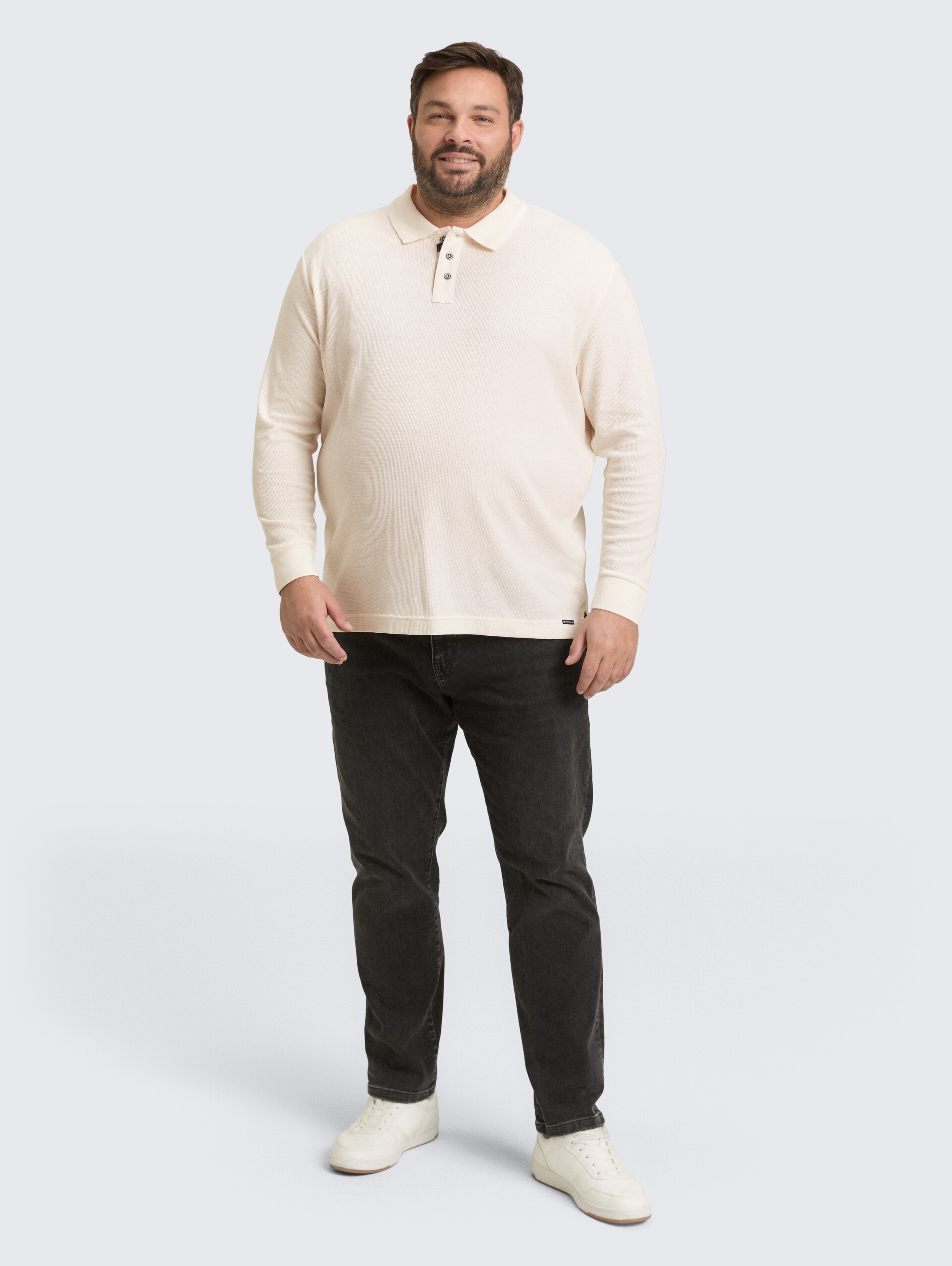 Plus Size - Langarm Poloshirt mit Waffelstruktur - Gardenia White