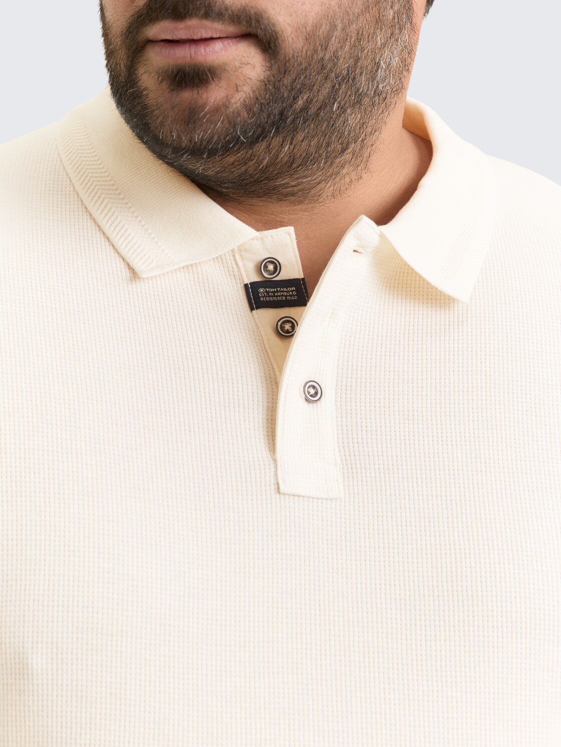 Plus Size - Langarm Poloshirt mit Waffelstruktur - Gardenia White