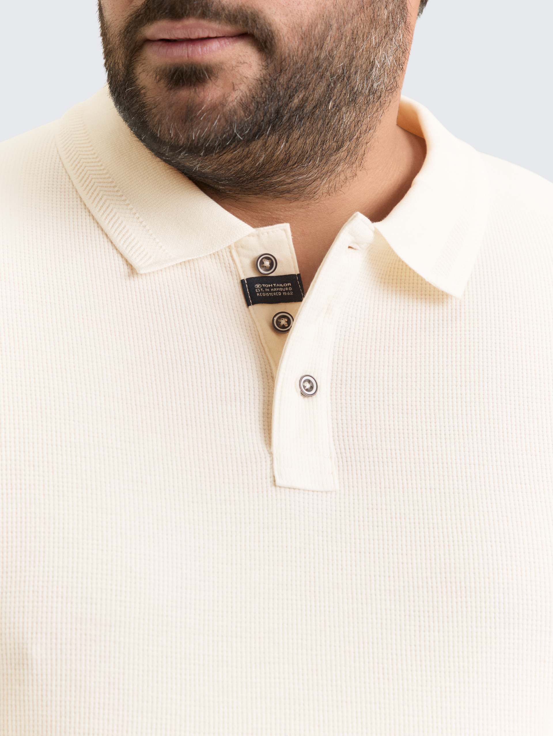 Plus Size - Langarm Poloshirt mit Waffelstruktur - Gardenia White