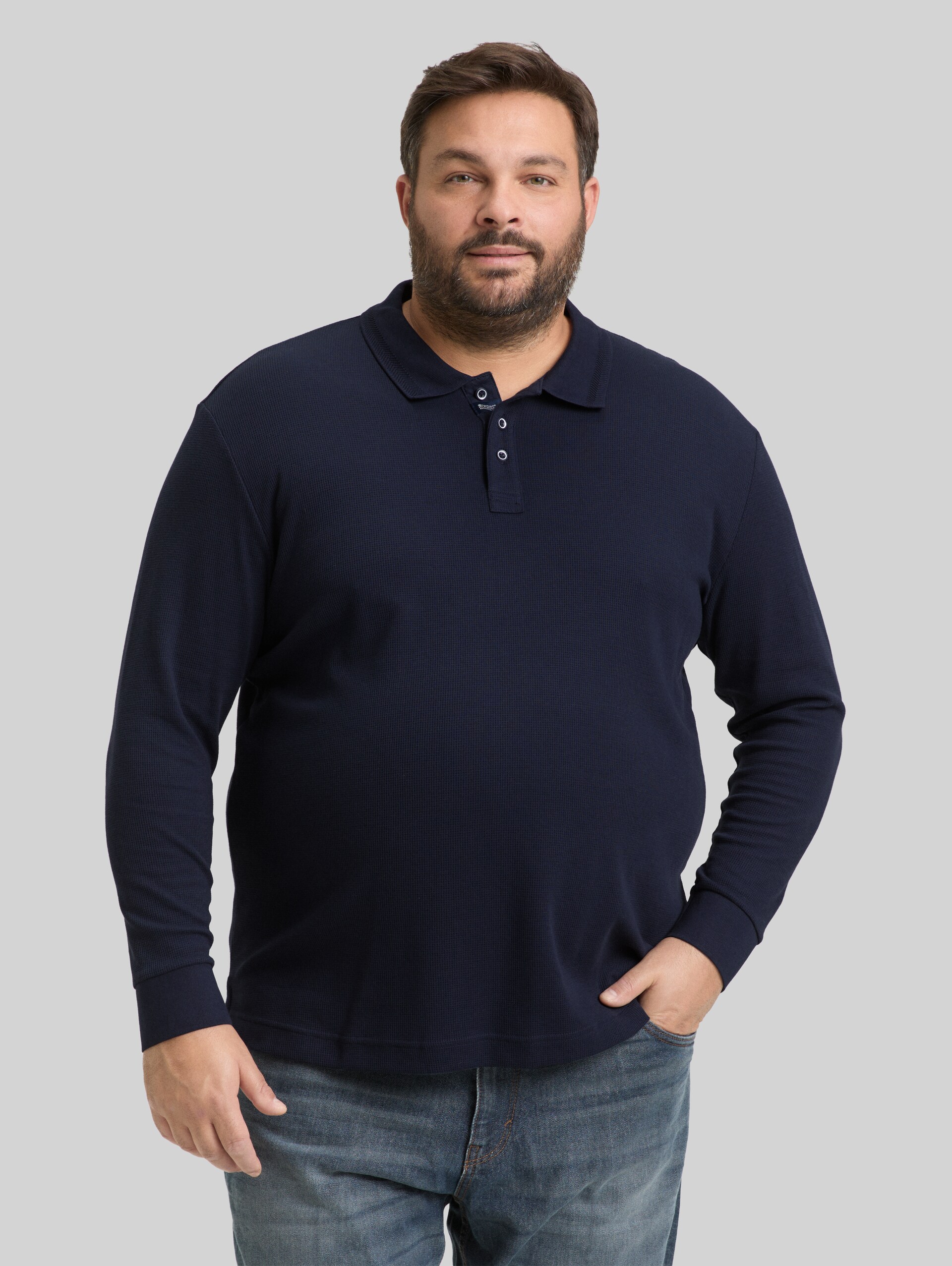 Plus Size - Long-sleeved polo shirt with waffle texture - sky captain blue