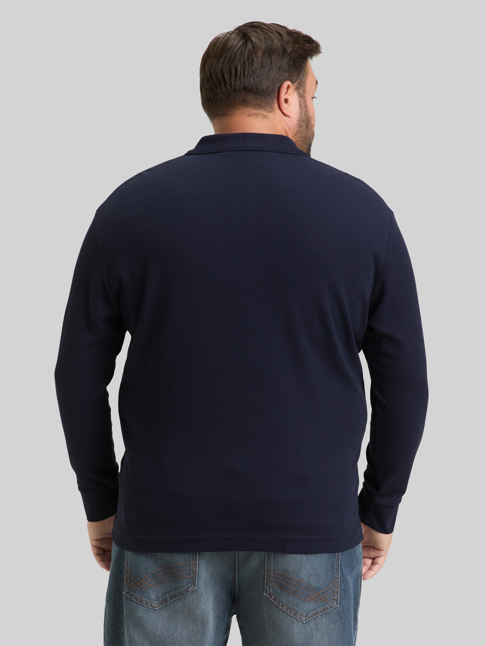 Plus Size - Long-sleeved polo shirt with waffle texture - sky captain blue