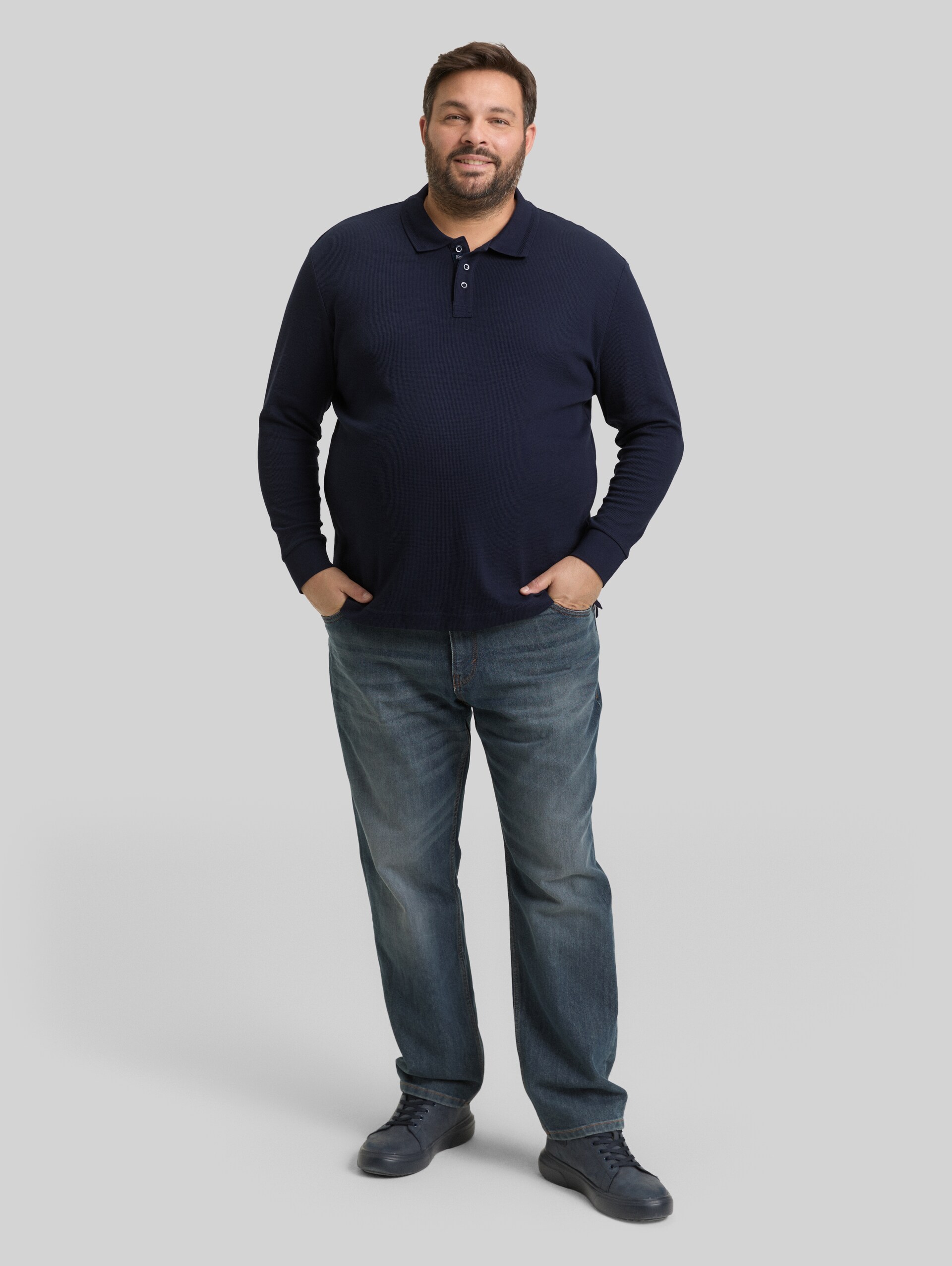 Plus Size - Long-sleeved polo shirt with waffle texture - sky captain blue
