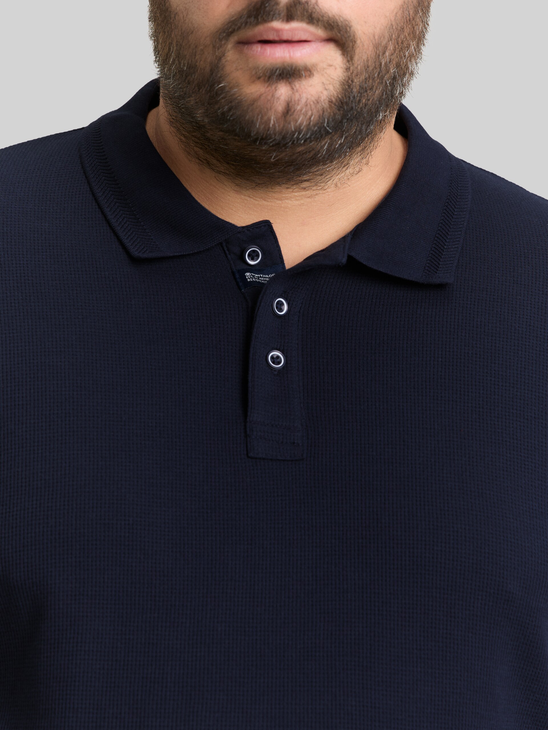 Plus Size - Long-sleeved polo shirt with waffle texture - sky captain blue