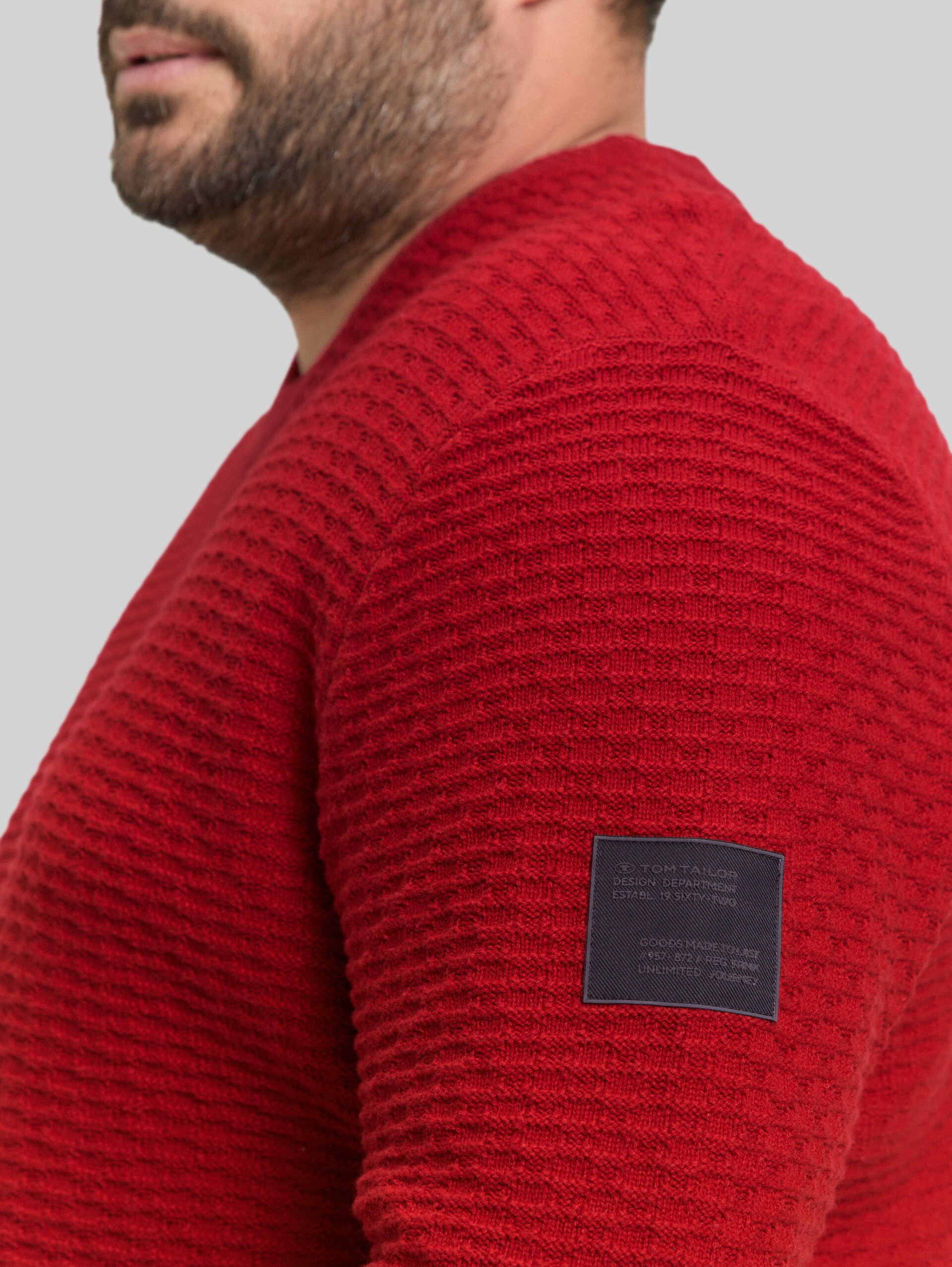 Plus Size - Strickpullover mit Rundhalsausschnitt - Coach Red - Detail-Model-Ansicht