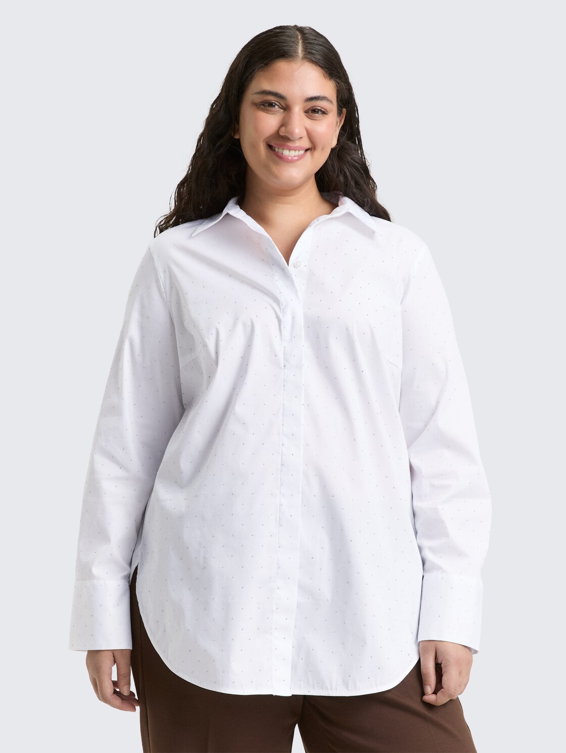 Plus Size - Loose fit blouse with rhinestones - stones on solid - Neckline model front view