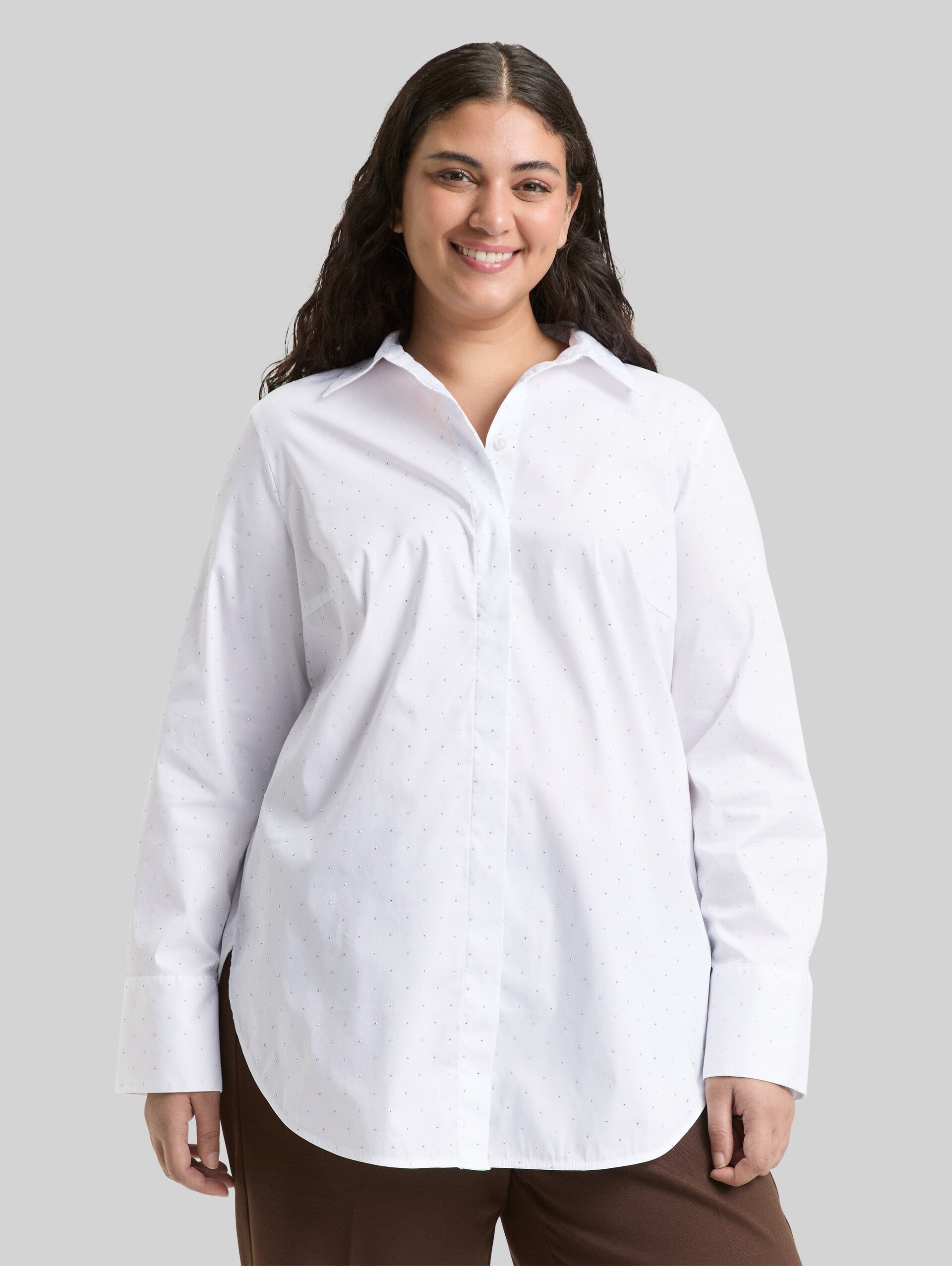 Plus Size - Loose fit blouse with rhinestones - stones on solid - Neckline model front view