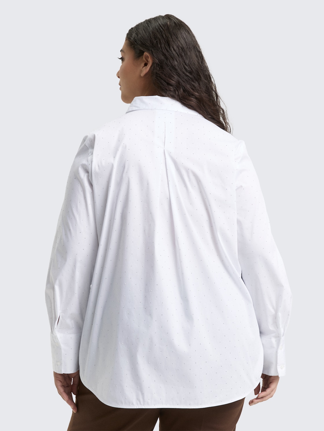 Plus Size - Loose fit blouse with rhinestones - stones on solid - Neckline model-back view