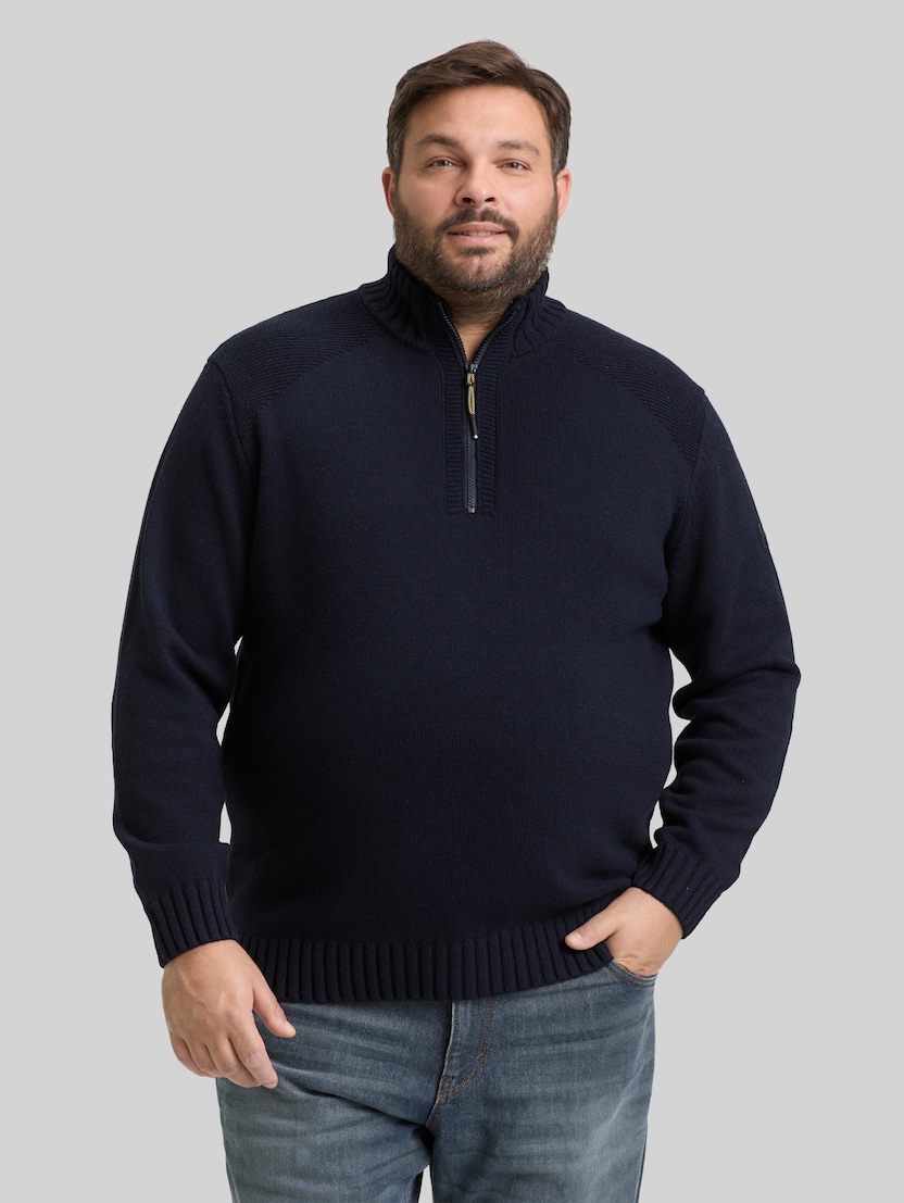 Plus Size - Troyer Strickpullover mit Ripp-Details von Men Plus Size, Knitted Navy Melange
