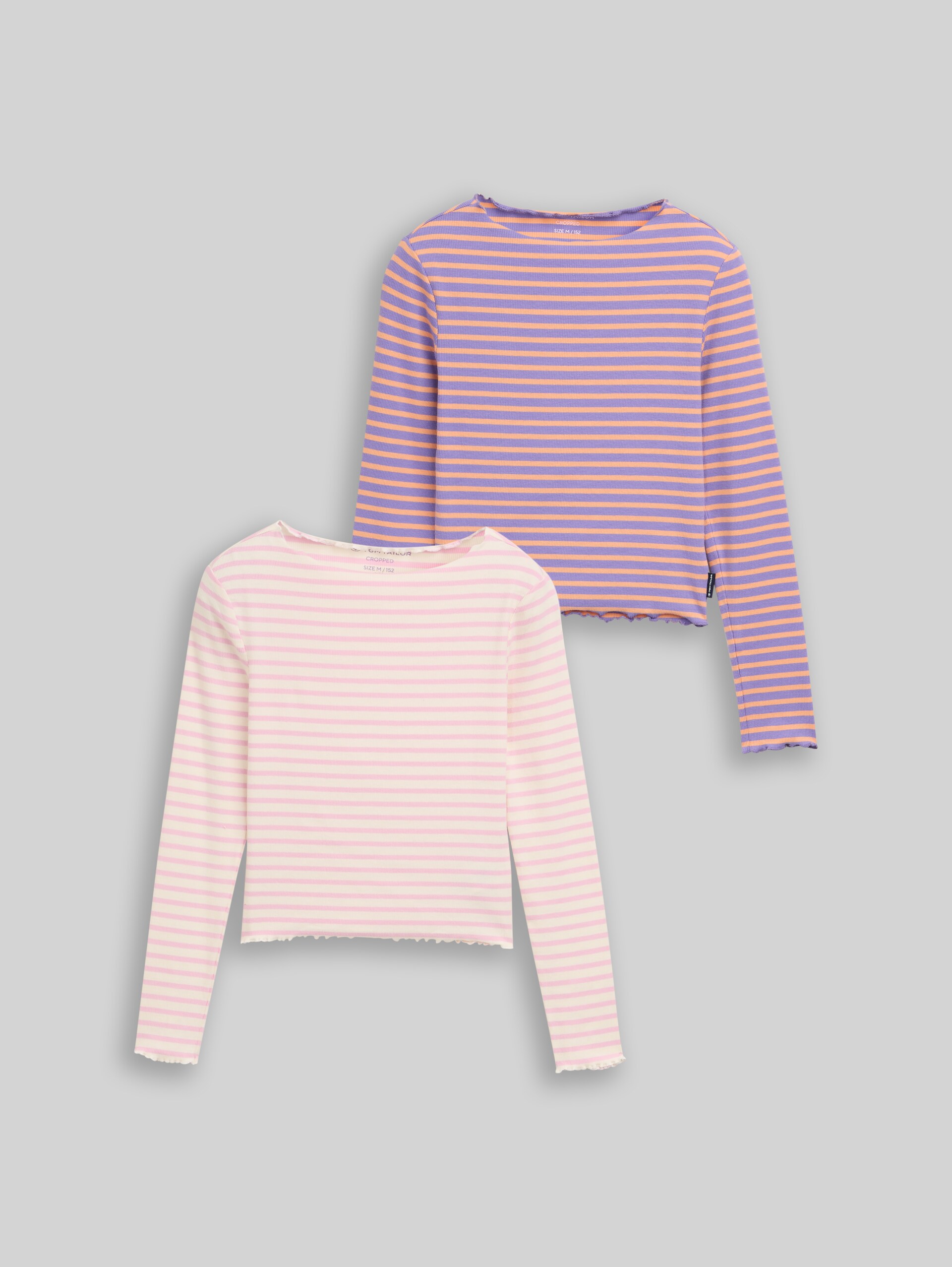 Ribbed long-sleeved shirt in a pack of 2 with striped pattern - offwhite pink stripe - Front product view