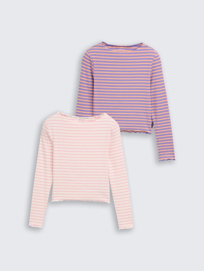 Geribde shirt met lange mouwen in 2-pack met streepjesmotief door Teen Girls, offwhite pink stripe