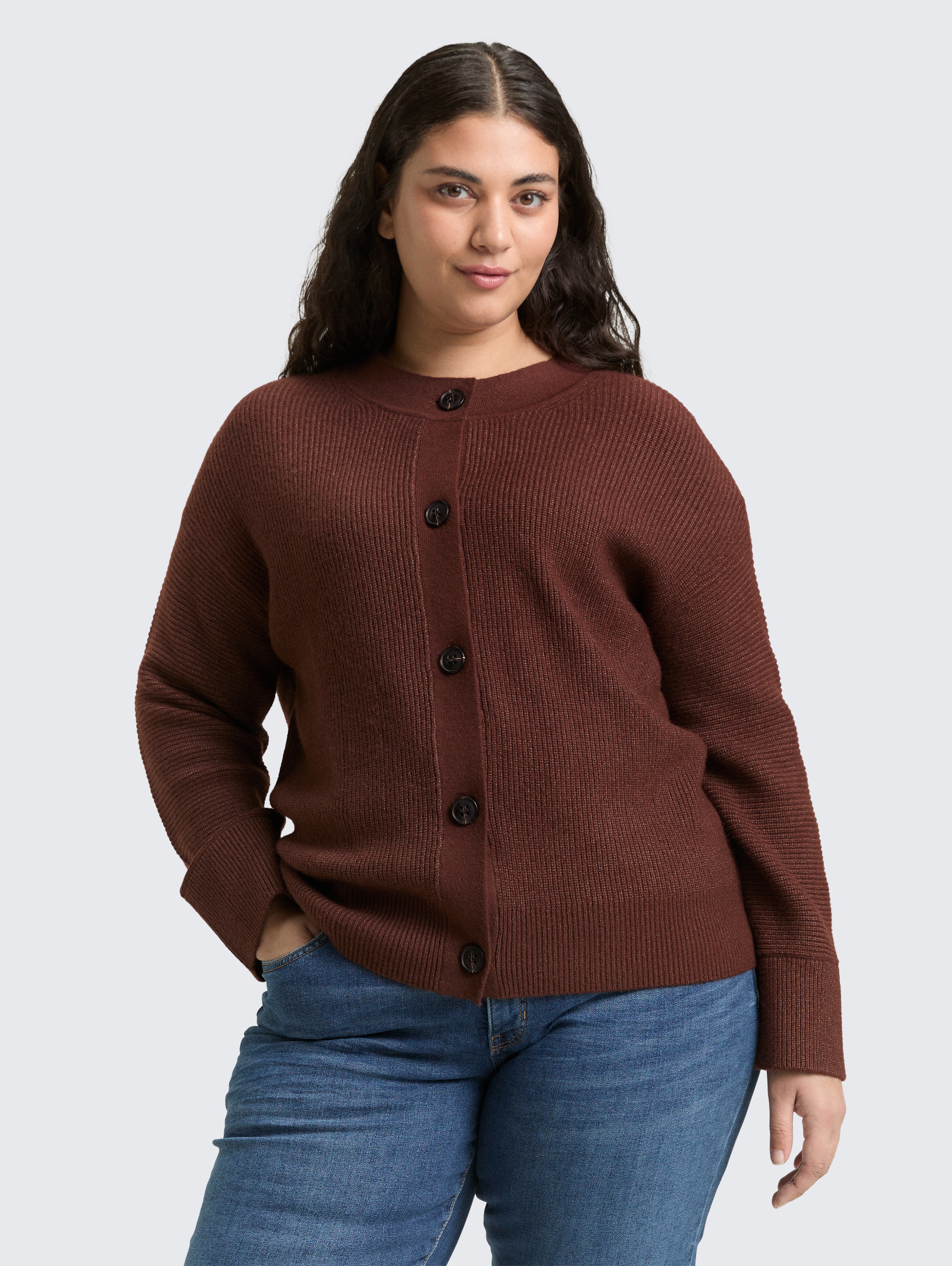 Plus Size - Oversize Cardigan mit Rundhalsausschnitt von Women Plus Size, dark pecan brown melange
