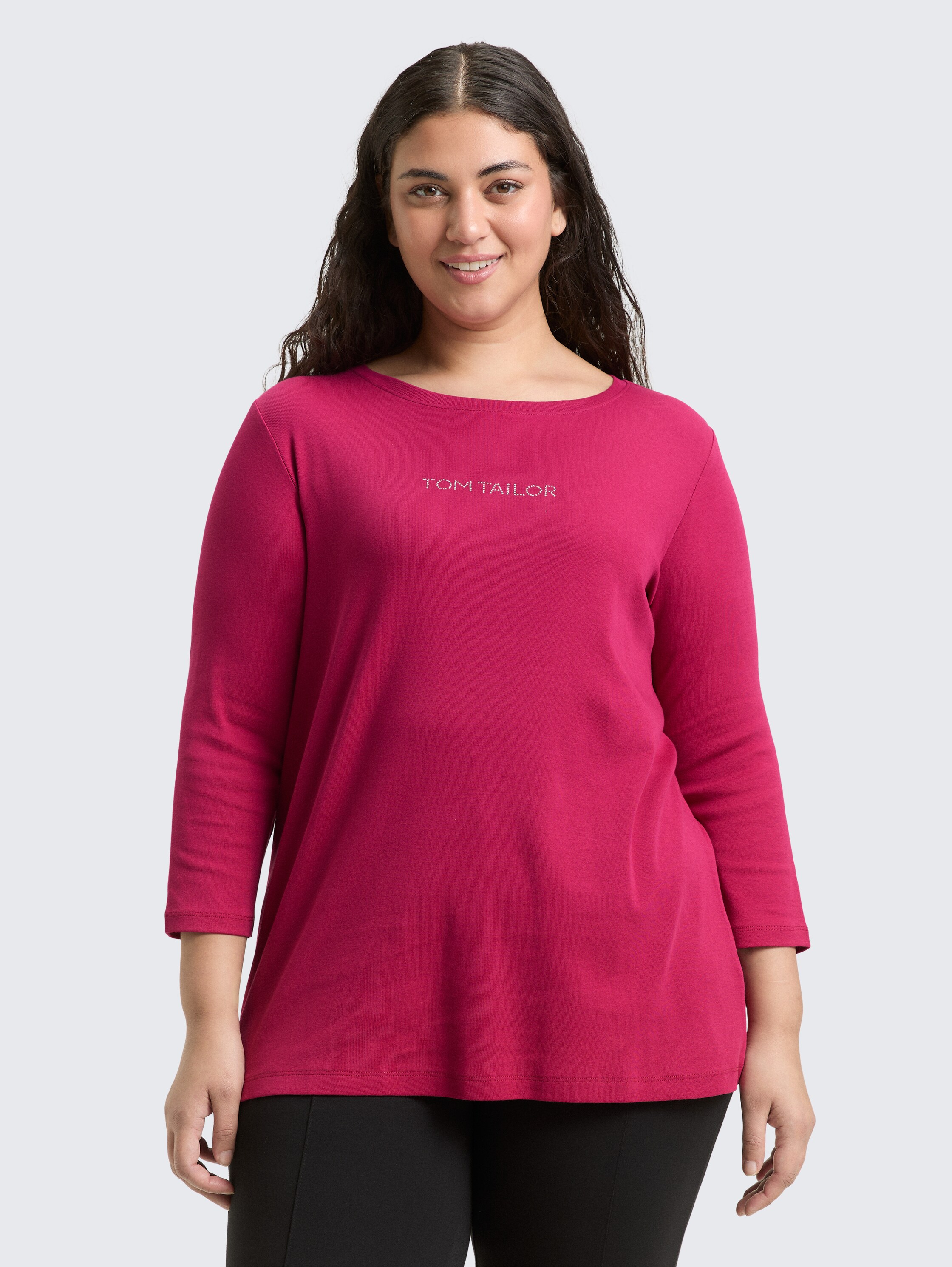 Plus Size - Slim Fit Langarmshirt mit Glitzer-Logo - dark_pink - 