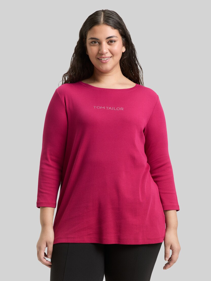 Plus Size - Slim Fit Langarmshirt mit Glitzer-Logo von Women Plus Size, dark pink