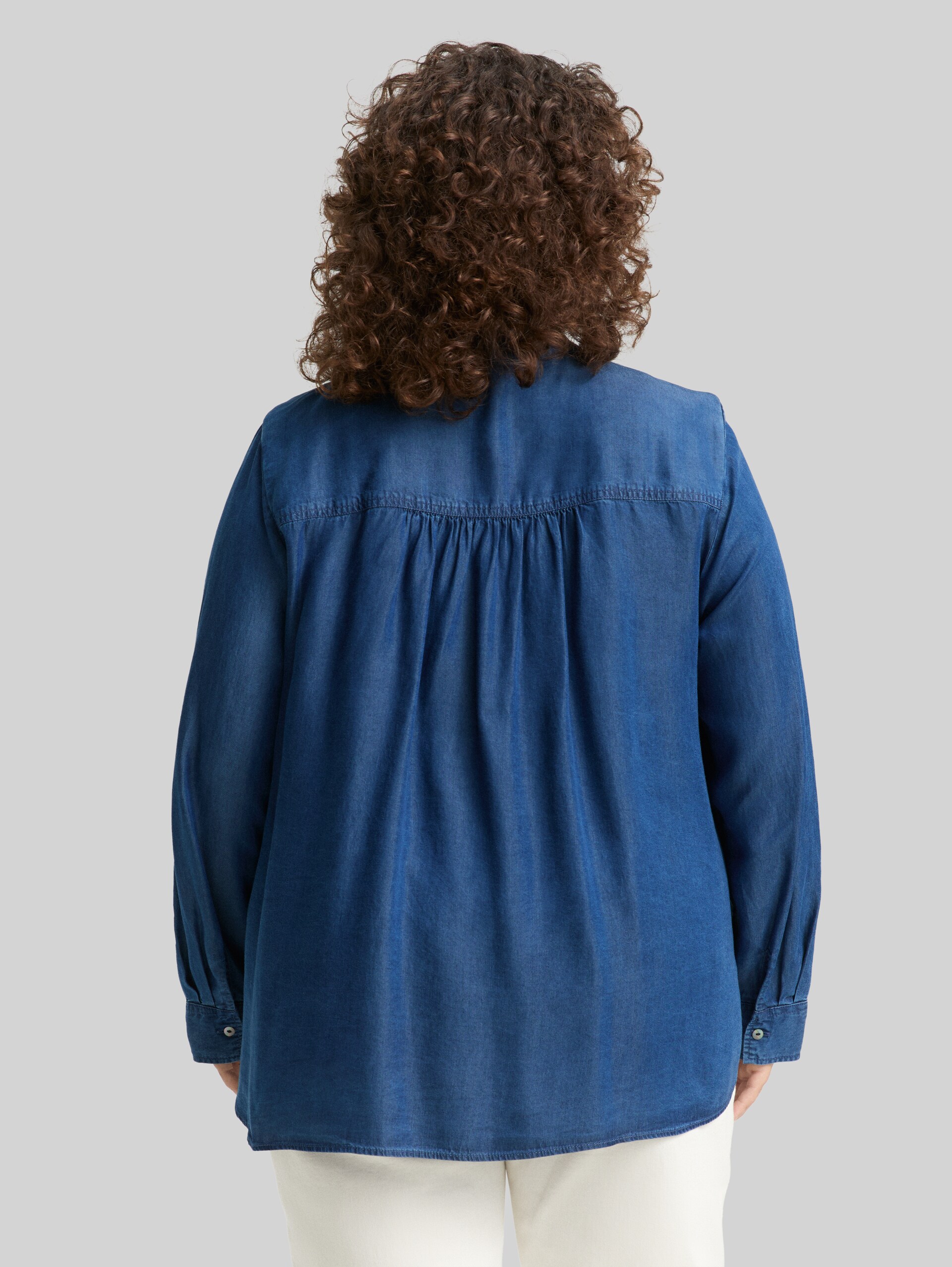 Plus Size - Blouse with bow detail - blue denim dark wash - Neckline model-back view