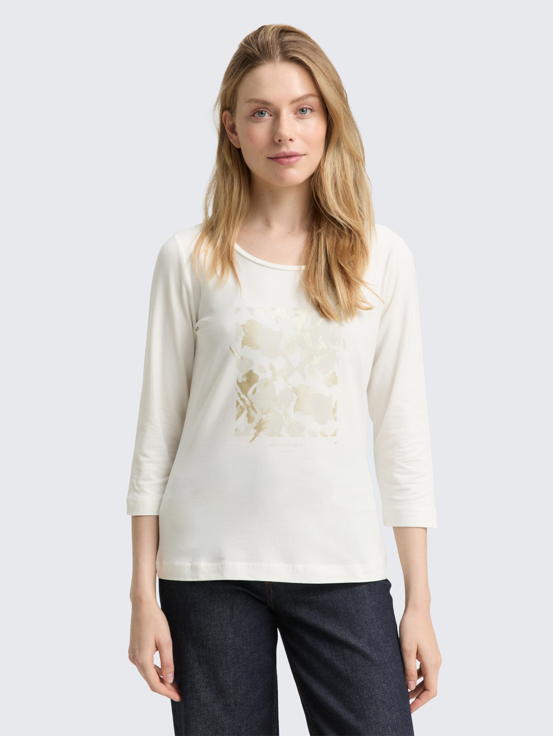 T-shirt met lange mouwen en bedrukt motief - Whisper White - Nek model vooraanzicht