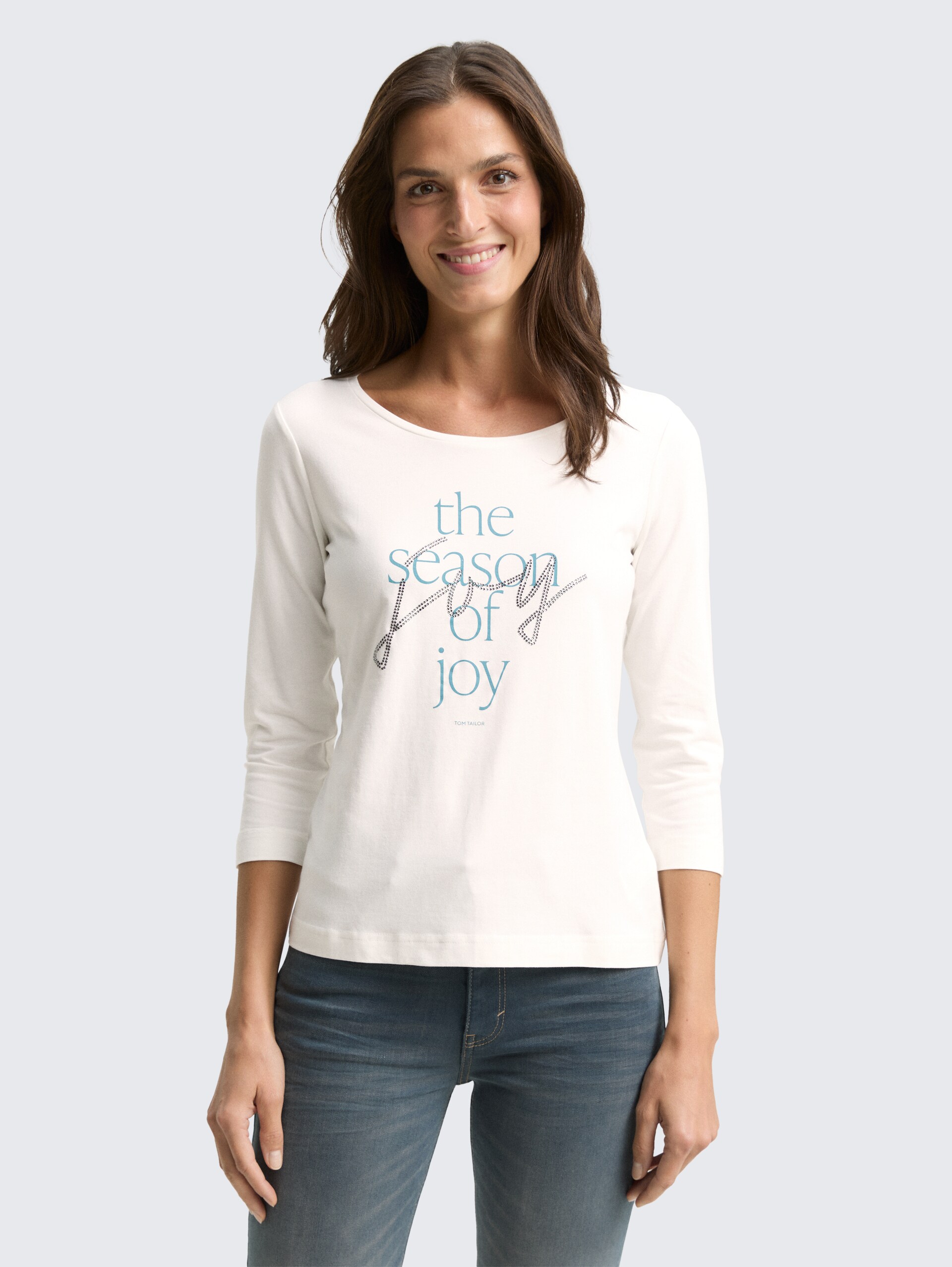 T-shirt met lange mouwen en bedrukt motief - Soft Clear White - Nek model vooraanzicht