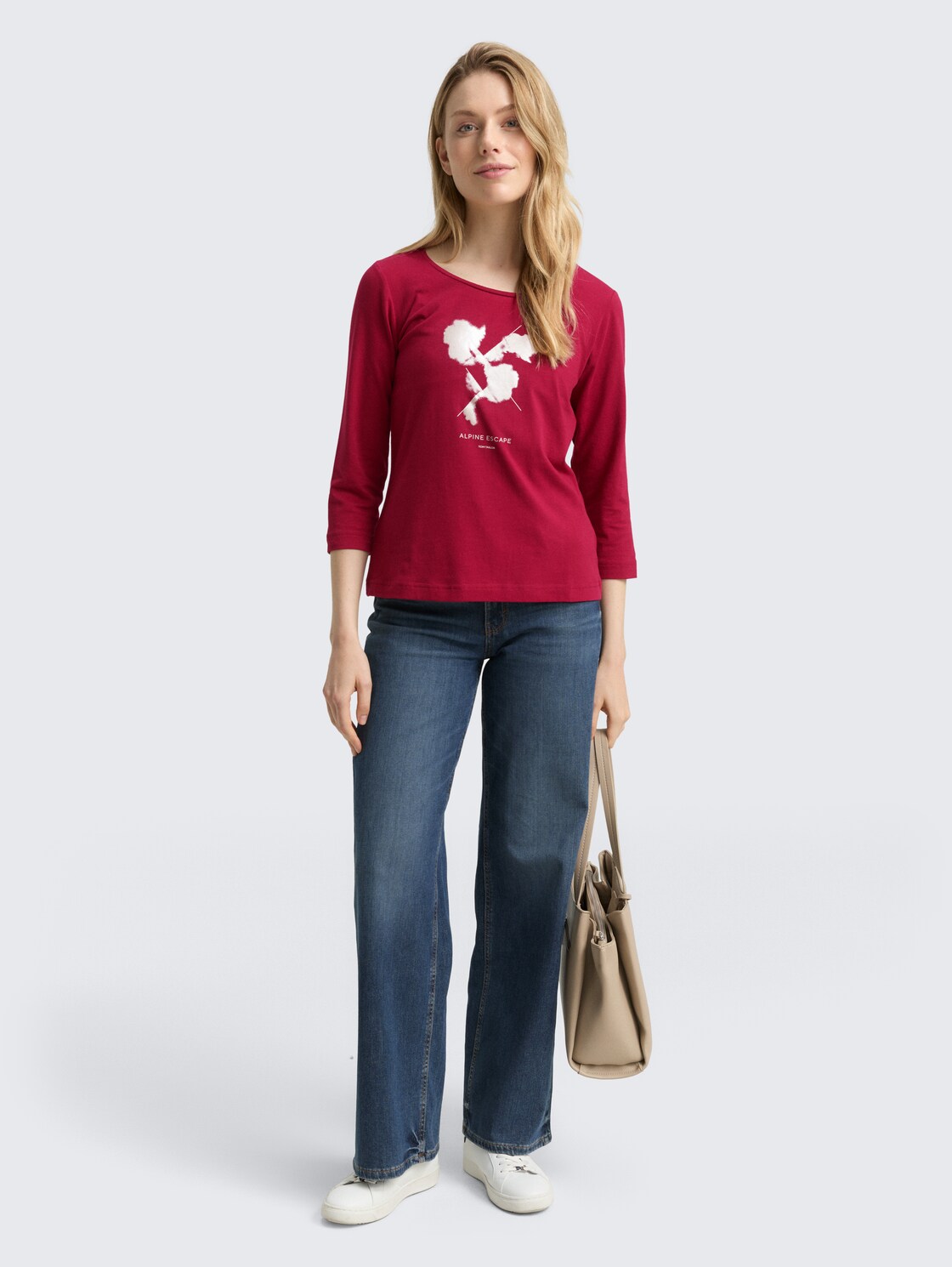 Langarmshirt mit Print - Rumba Red - Model-Vorderansicht