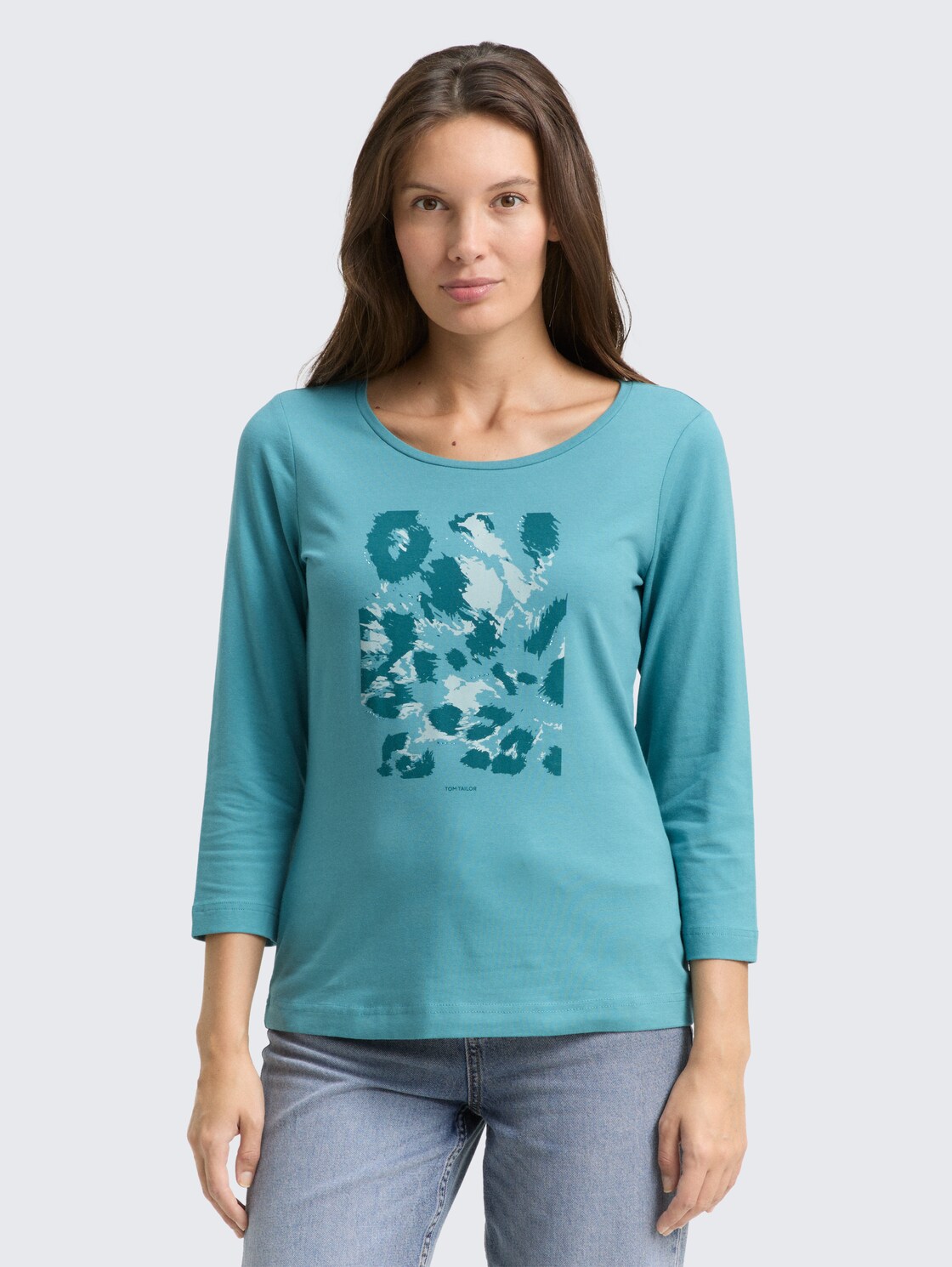 Langarmshirt mit Print - tropical teal - Ausschnitt Model-Vorderansicht