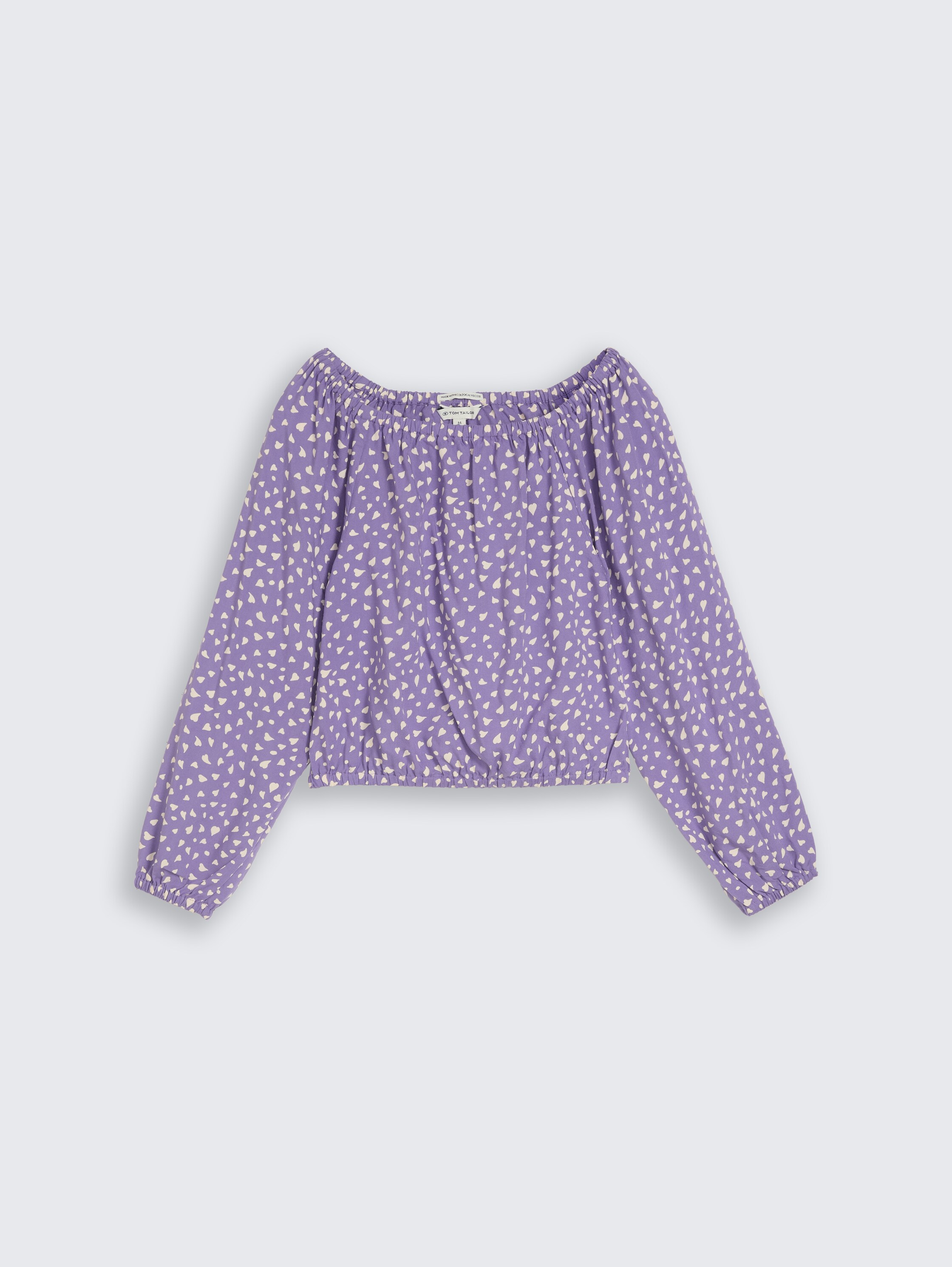 Cropped blouse with Carmen neckline - purple small heart print - Front product view