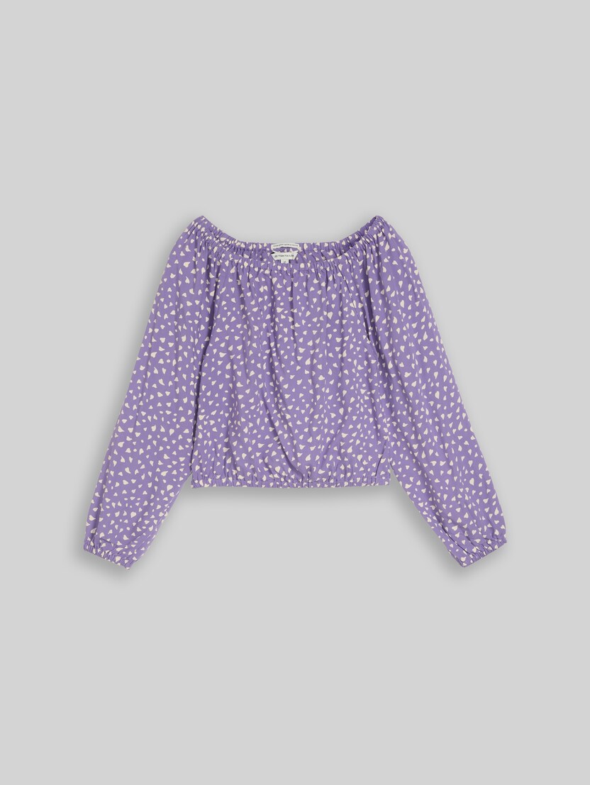 Cropped Bluse mit Carmen-Ausschnitt von Teen Girls, purple small heart print