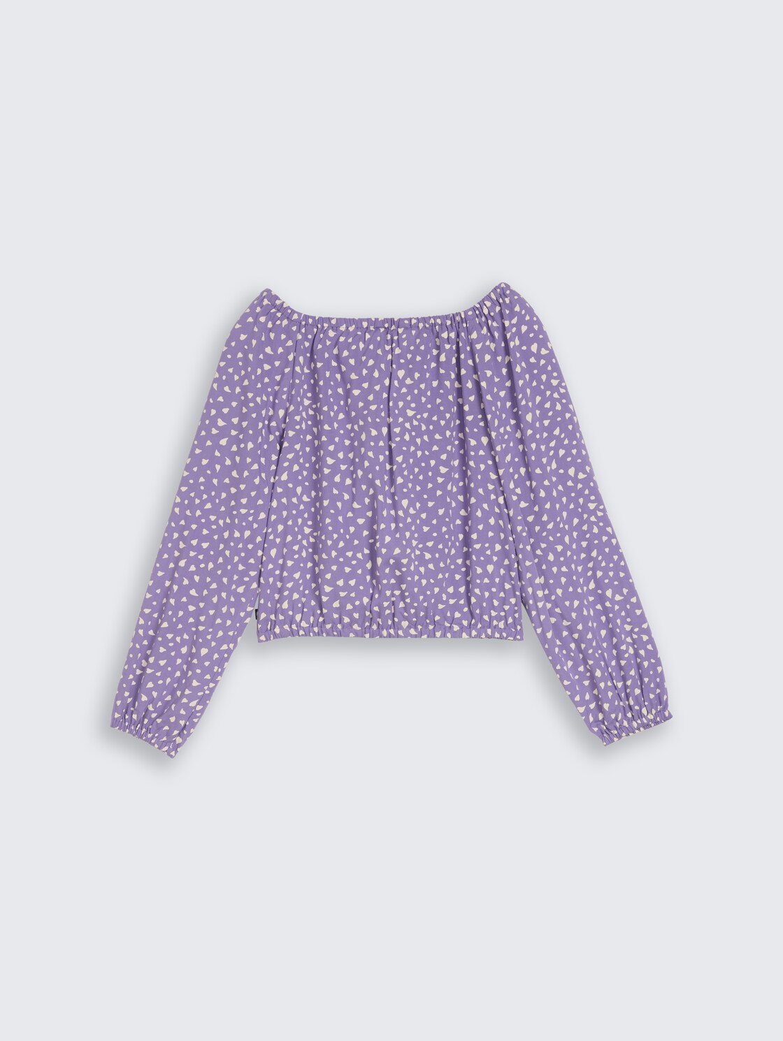 Cropped Bluse mit Carmen-Ausschnitt - purple small heart print
