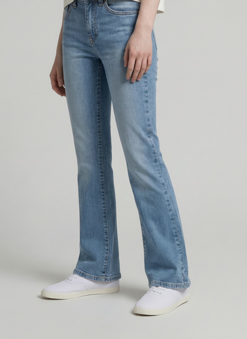 Flared Jeans mit Stretch - mid stone bright blue denim - Ausschnitt Model-Vorderansicht