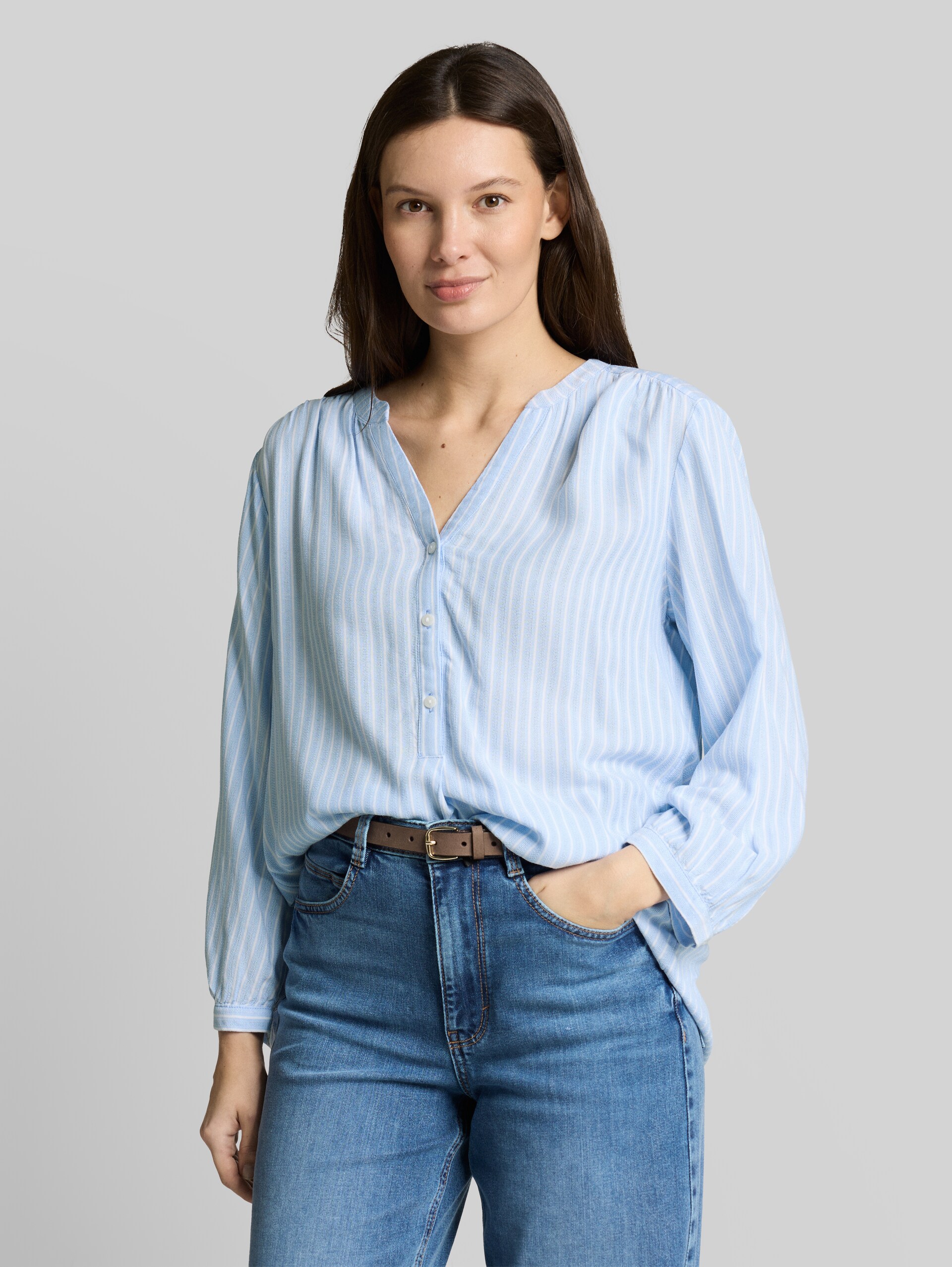 Striped blouse - blue white stripe - Neckline model front view