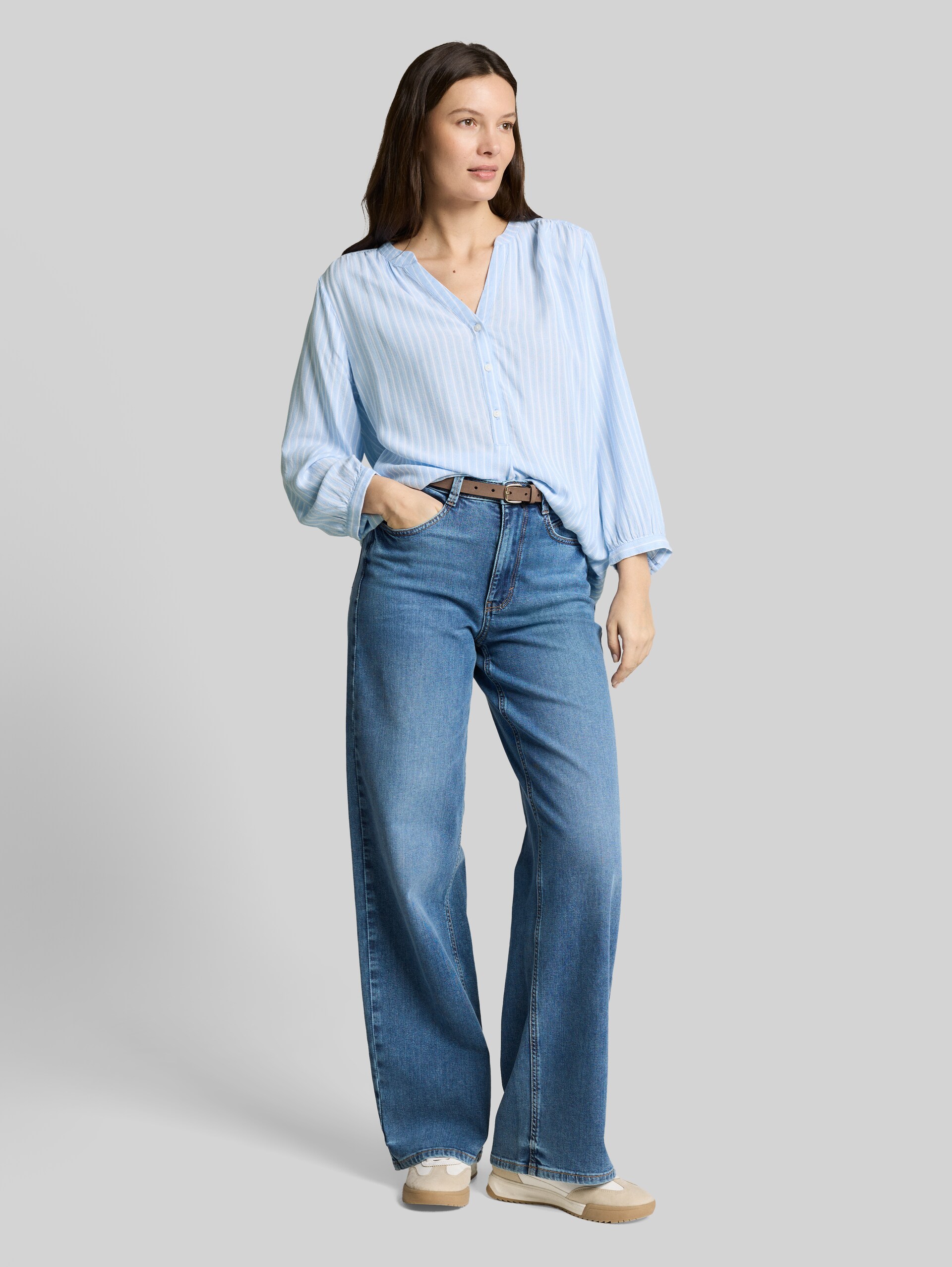 Striped blouse - blue white stripe - Model front view