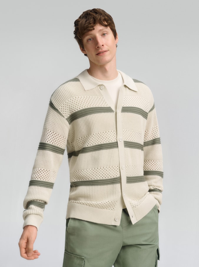 Relaxed fit cardigan with eyelet pattern by Denim Male, sea spray white color block