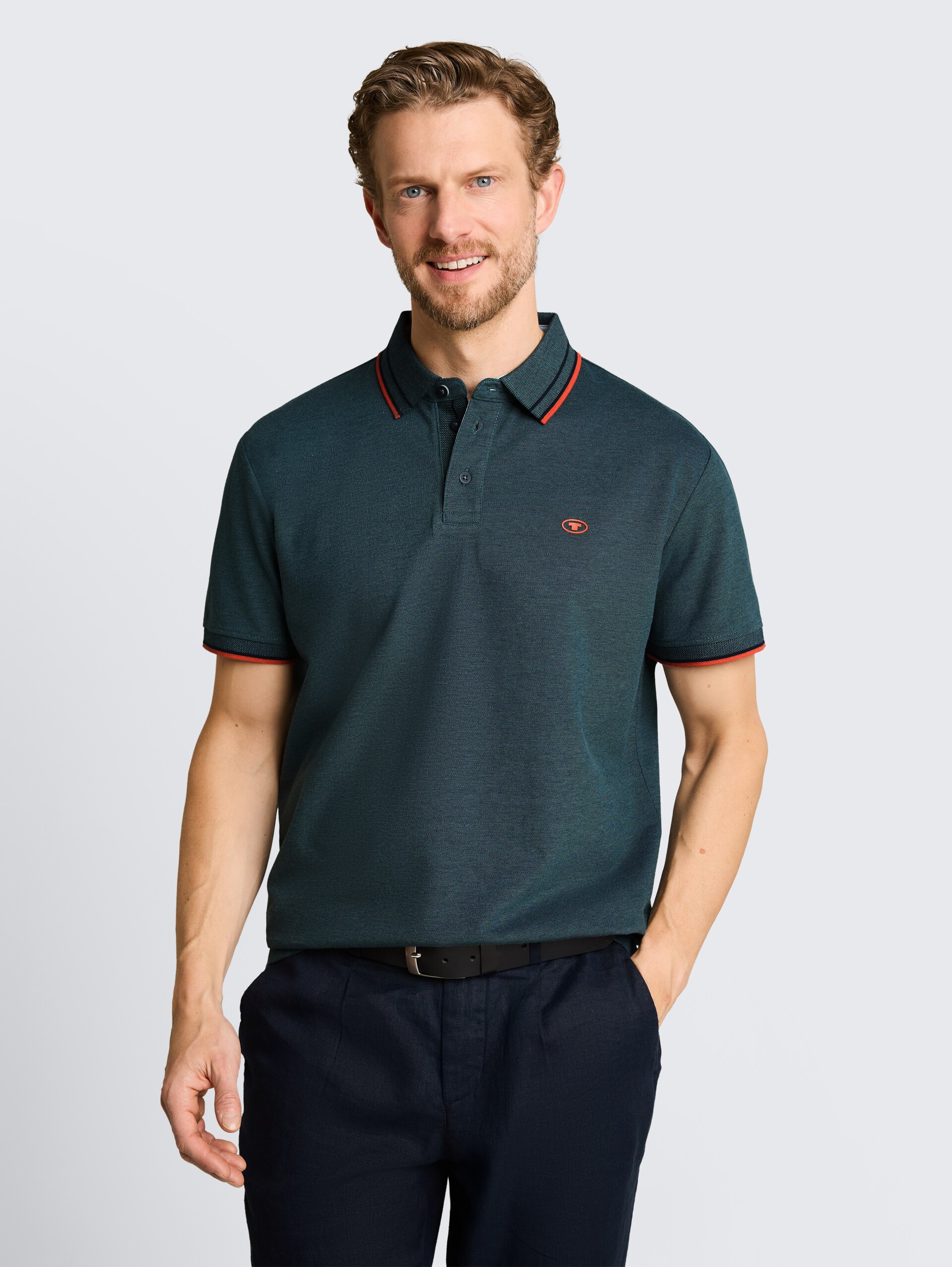 Piqué polo shirt with logo print - deep blueish green two tone