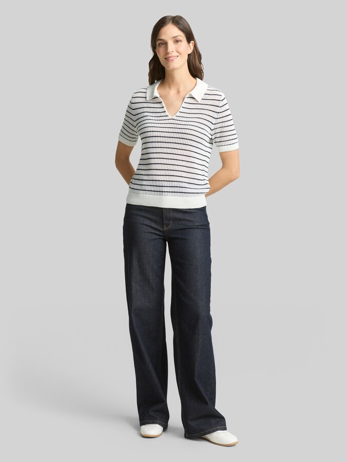 Strickpullover mit Polokragen von Women, white navy structure stripe