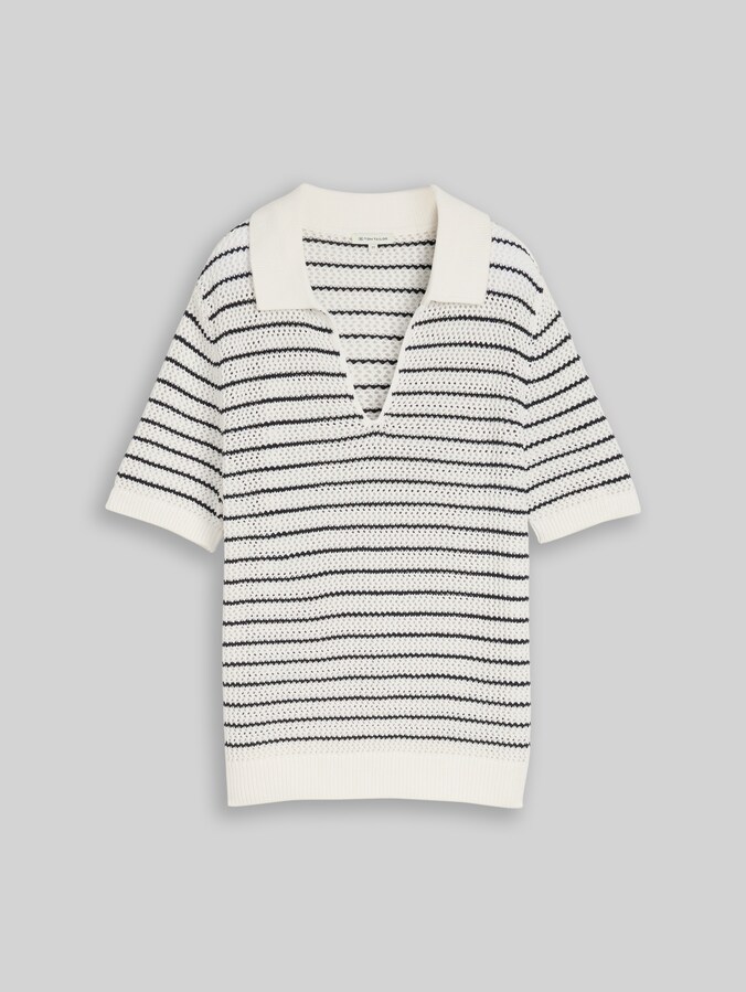 Knitted jumper with polo collar by Women, white navy structure stripe