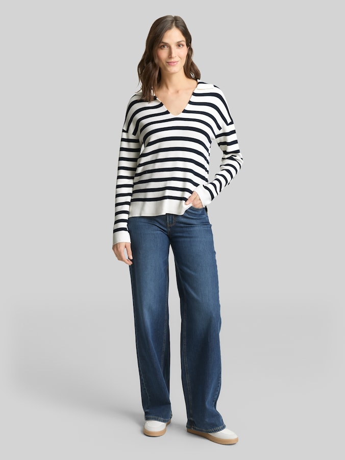 Pull en maille ample à col polo par Women, white sky blue knit stripe