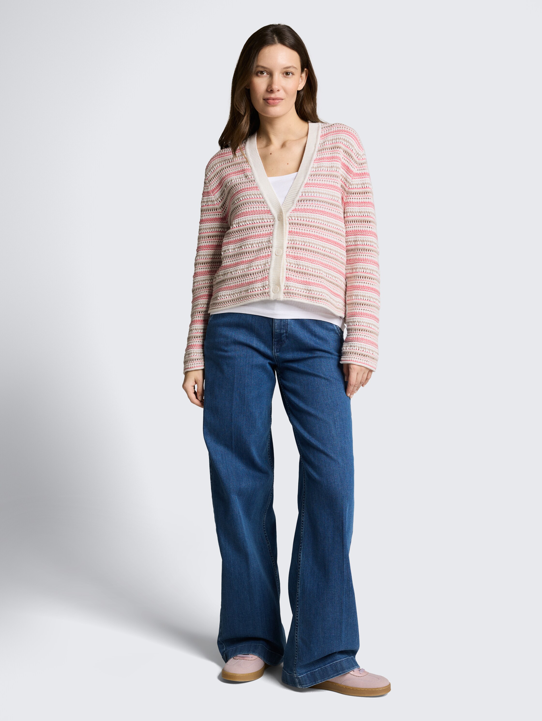 Cardigan ample à rayures - pink beige stripe - Vue de face du modèle