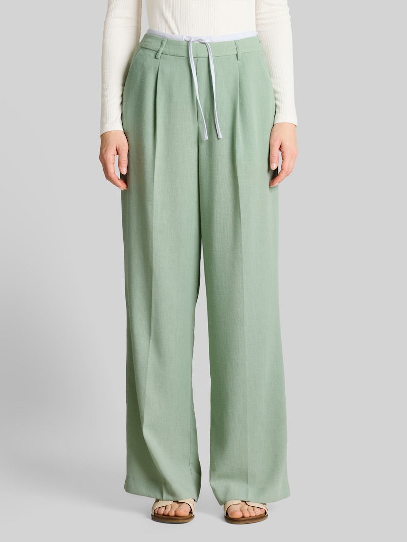 Wide-leg trousers with a 2-in-1 look by Denim Female, light matcha green