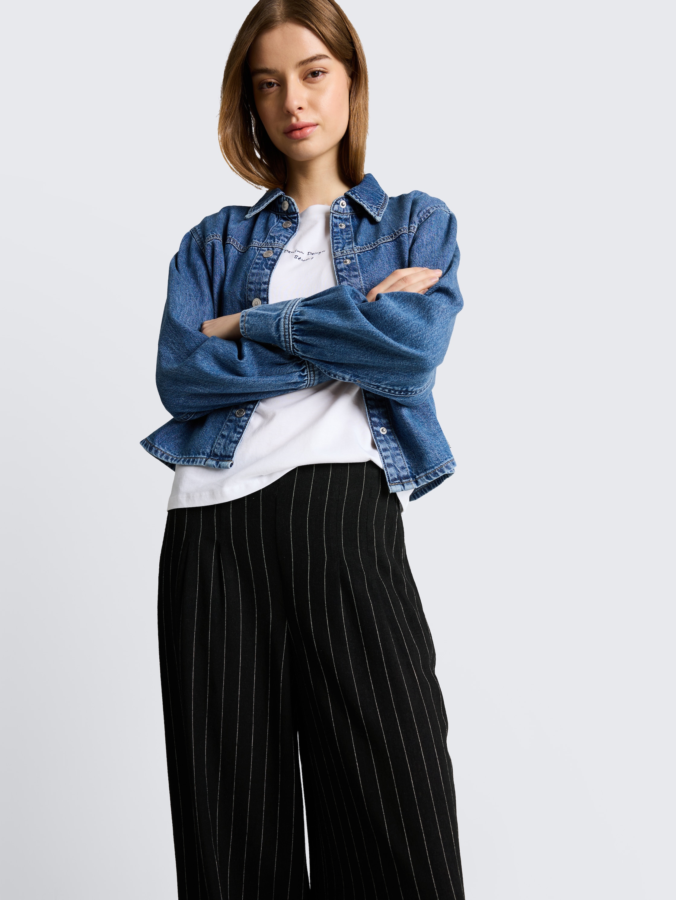 Wijde broek met linnen - black_beige_vertical_stripe - 