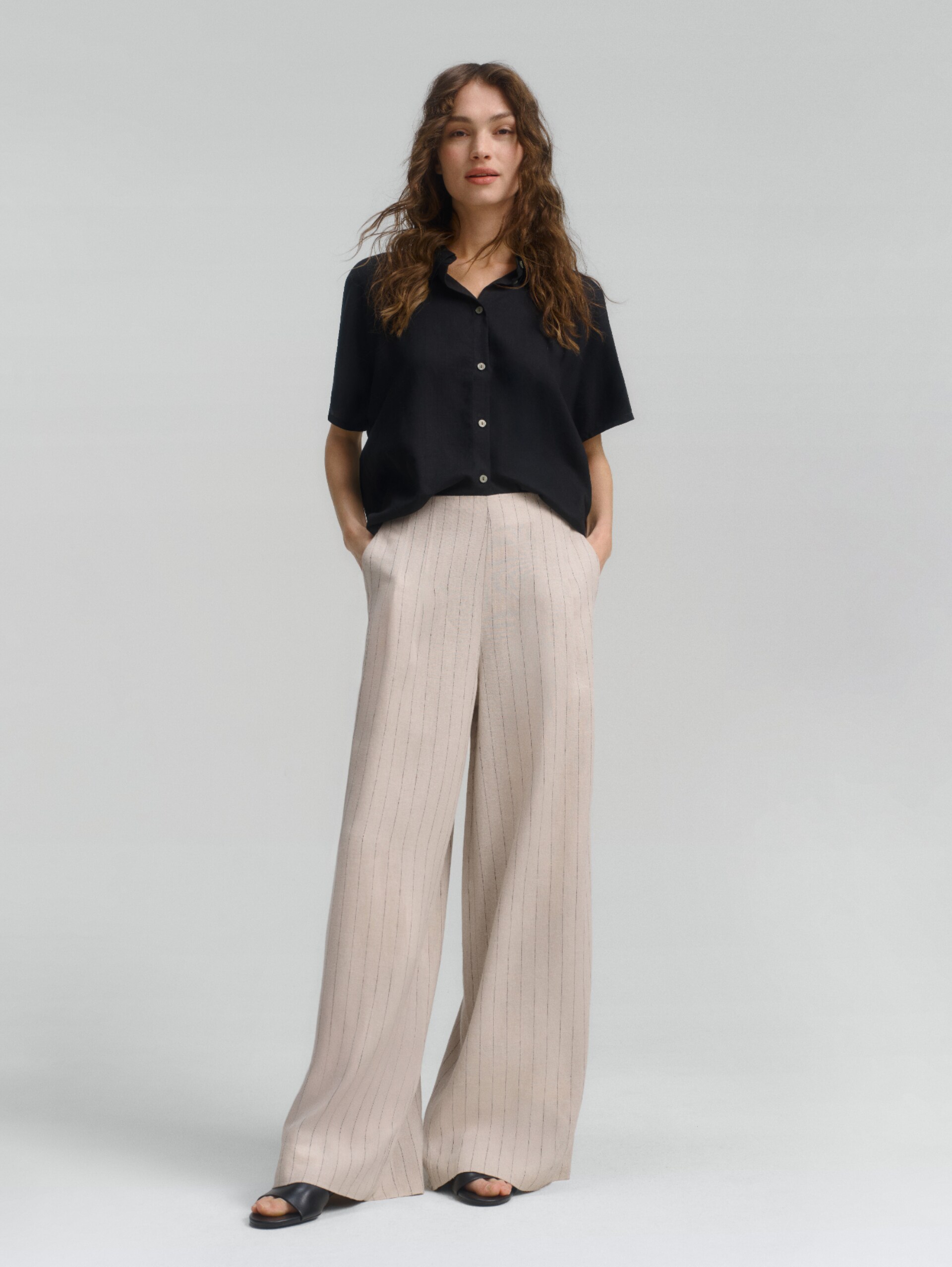 Wide leg broek met linnen - beige black vertical stripe