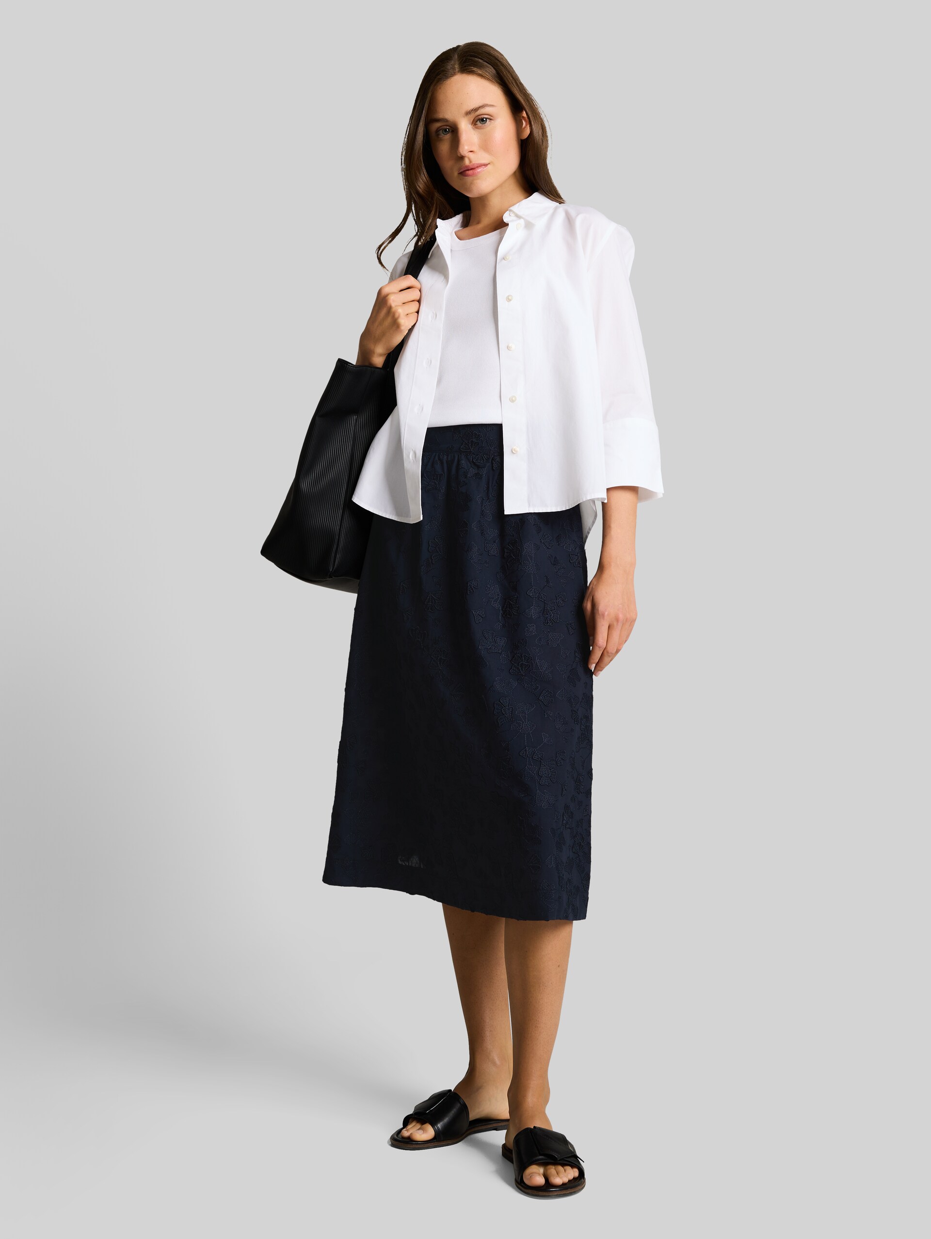 High-waisted midi skirt with embroidery - sky captain blue - Model front view