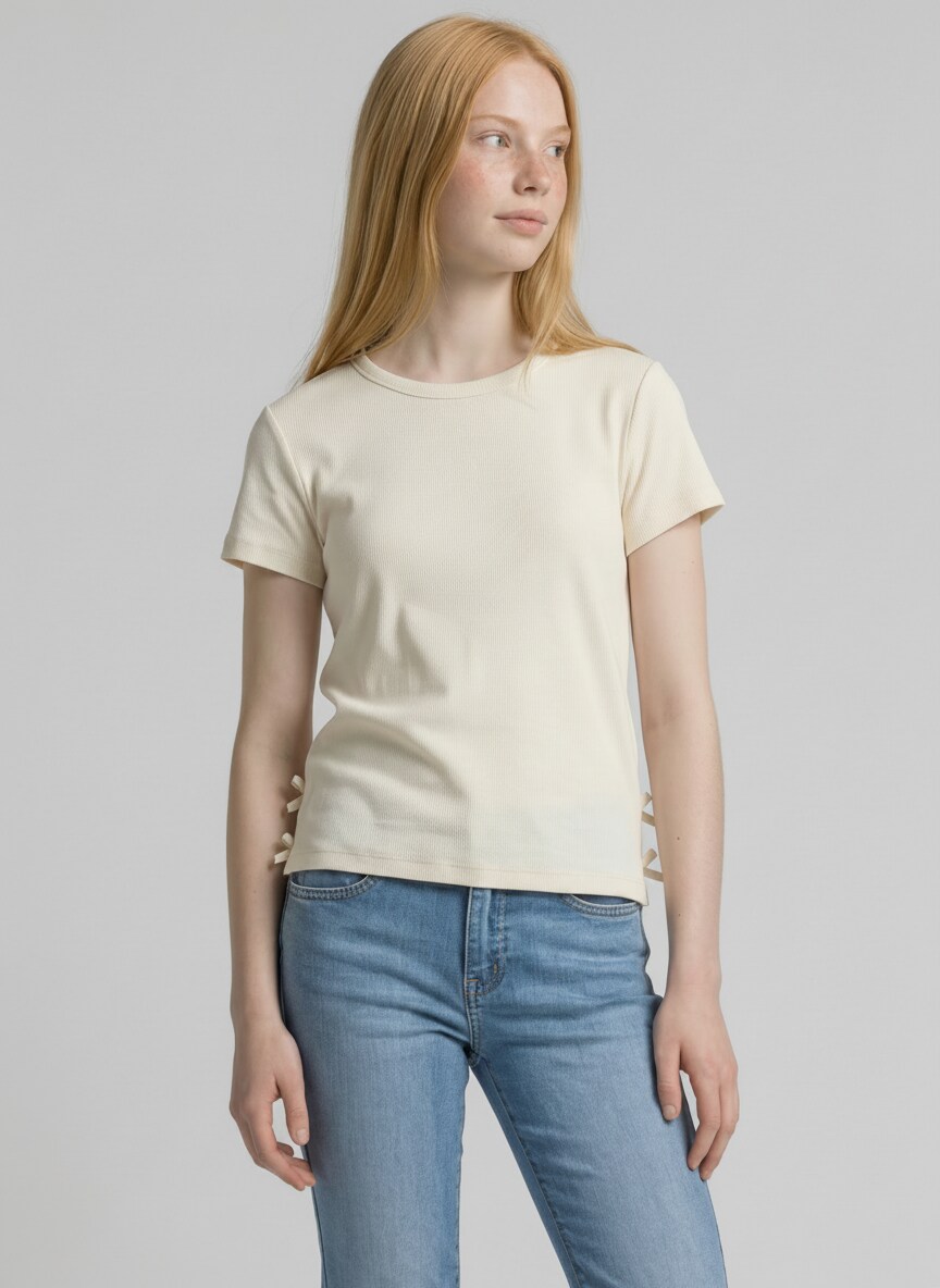 T-Shirt mit Schleifen-Details - Wool White - Ausschnitt Model-Vorderansicht