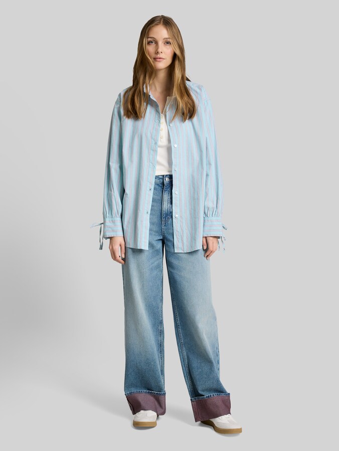Oversized overhemdblouse met streeppatroon door Denim Female, blue white brown stripe