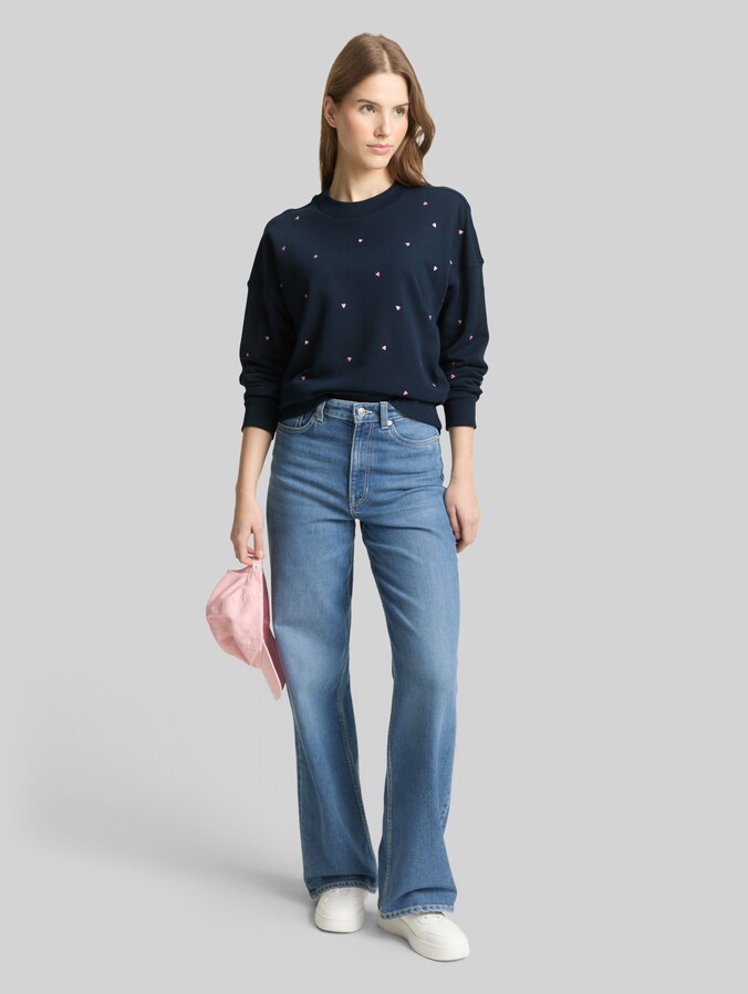 Loose-fit sweatshirt with embroidery by Denim Female, navy pink heart embroidery