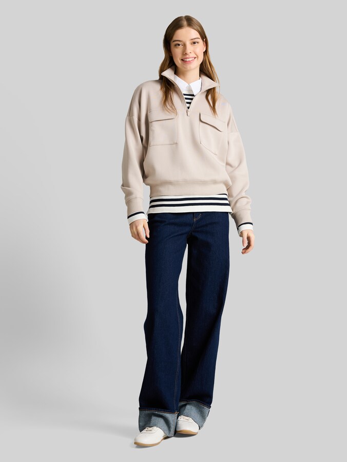 Loose Fit Troyer Sweatshirt aus Scuba von Denim Female, cloud grey